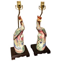 Pair of Chinese Export Famile Verte Birds of Paradise Figures, Now as Lamps