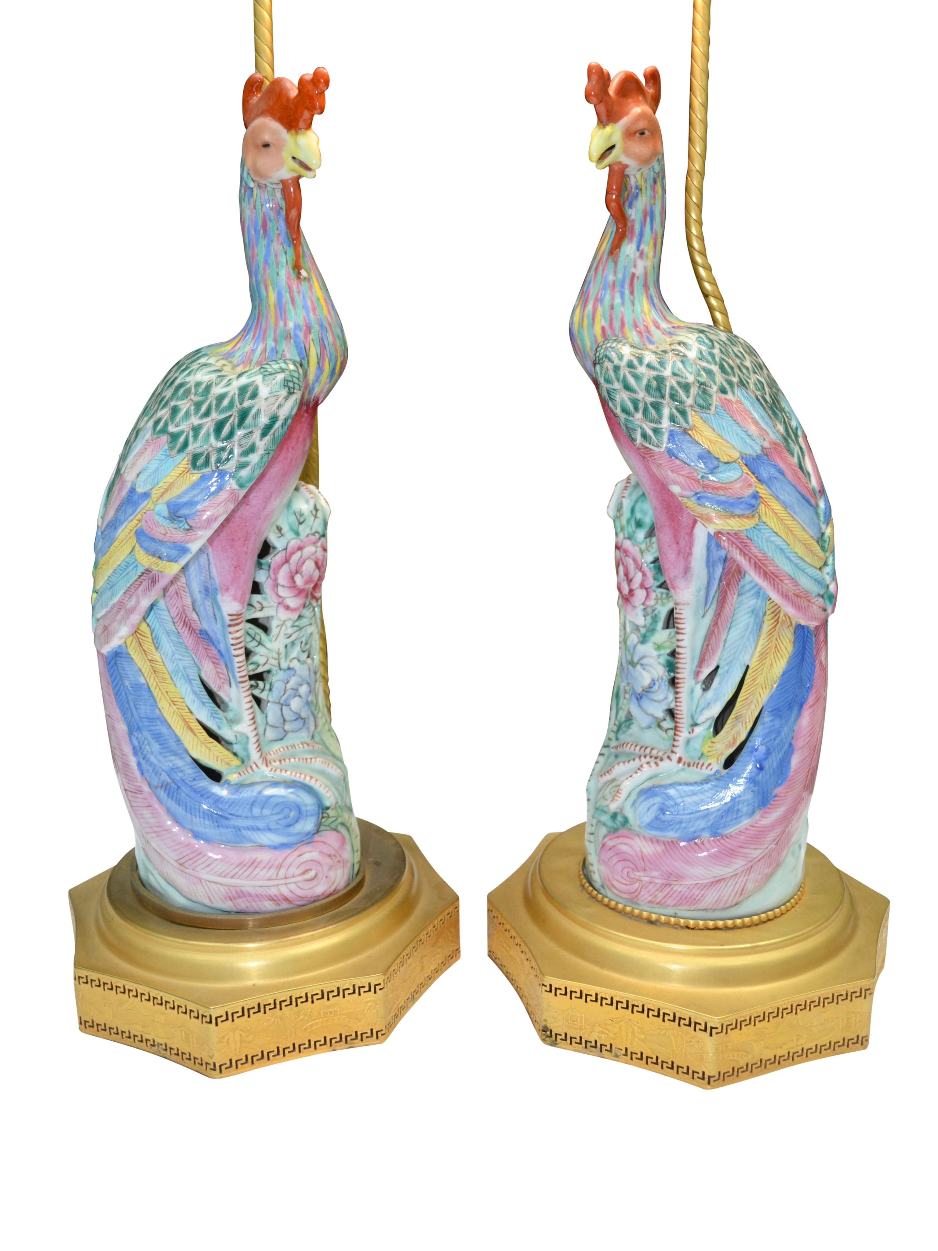 Pair of Chinese Export Famile Verte Phoenix Porcelain Lamps In Good Condition In Vancouver, British Columbia