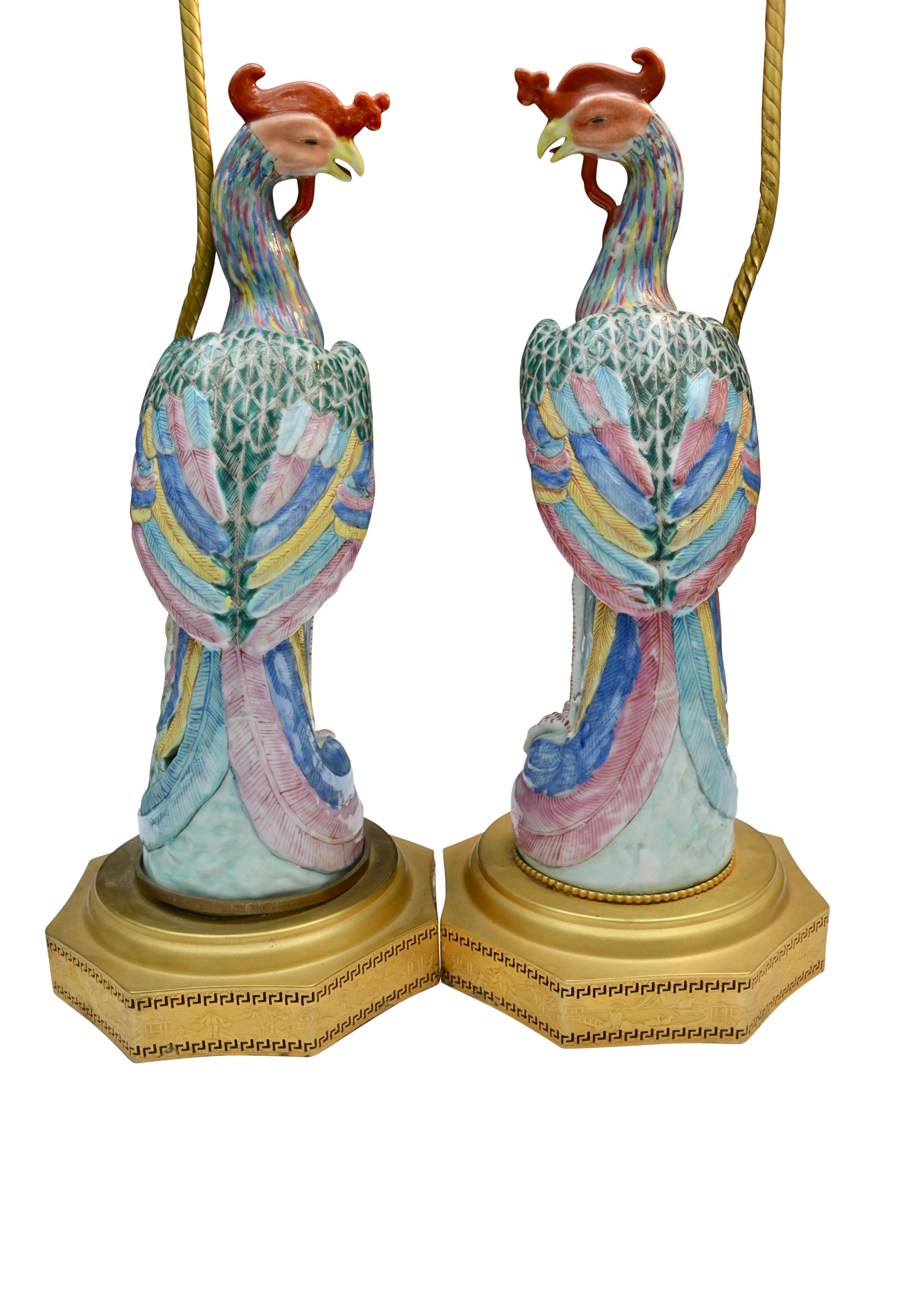 20th Century Pair of Chinese Export Famile Verte Phoenix Porcelain Lamps
