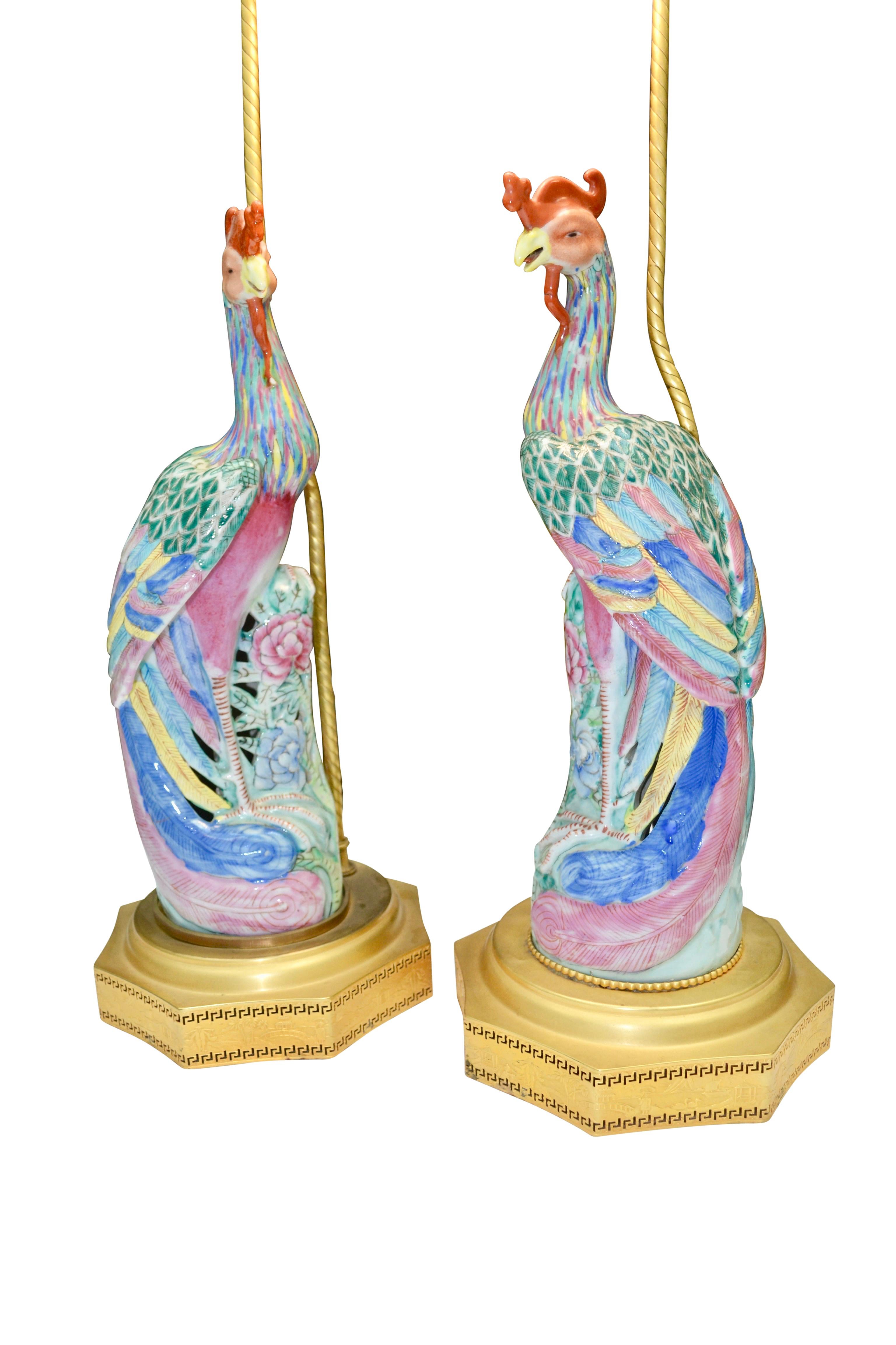 Pair of Chinese Export Famile Verte Phoenix Porcelain Lamps 1