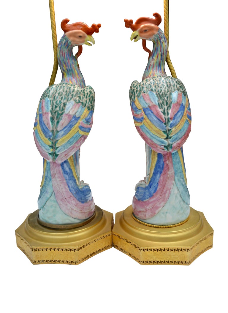 Pair of Chinese Export Famile Verte Phoenix Porcelain Lamps For Sale 4