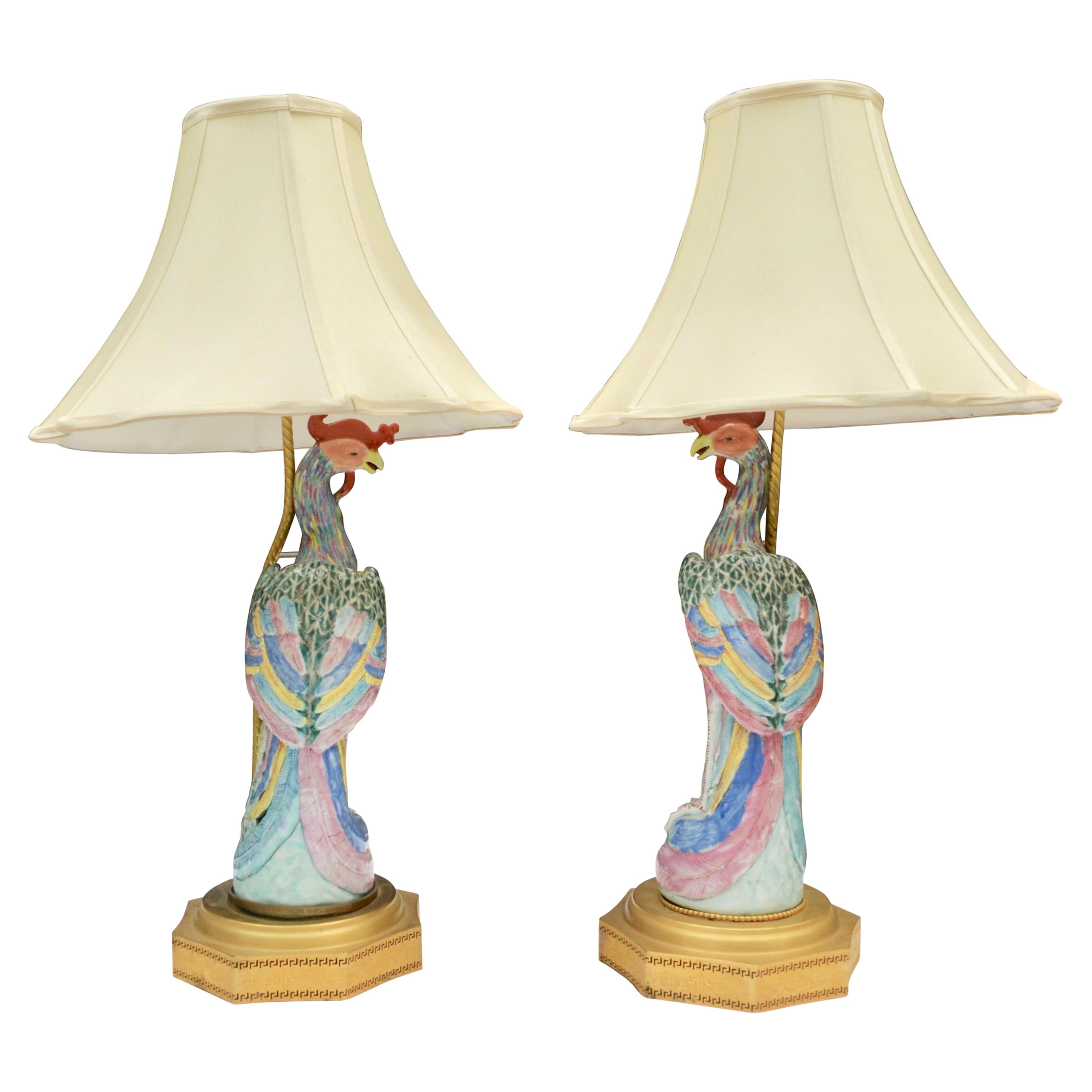 Pair of Chinese Export Famile Verte Phoenix Porcelain Lamps For Sale