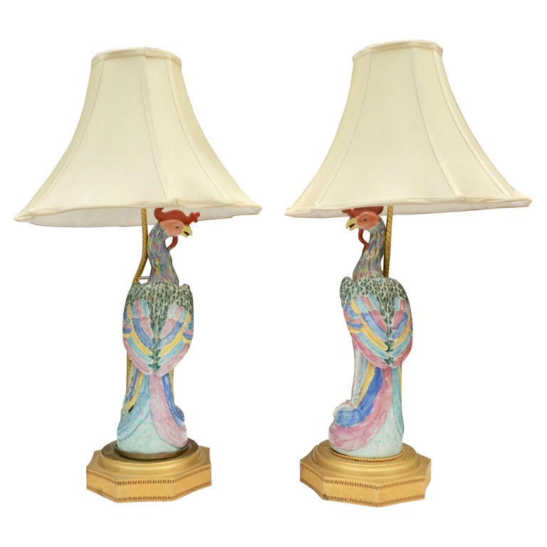 Pair of Chinese Export Famile Verte Phoenix Porcelain Lamps For Sale