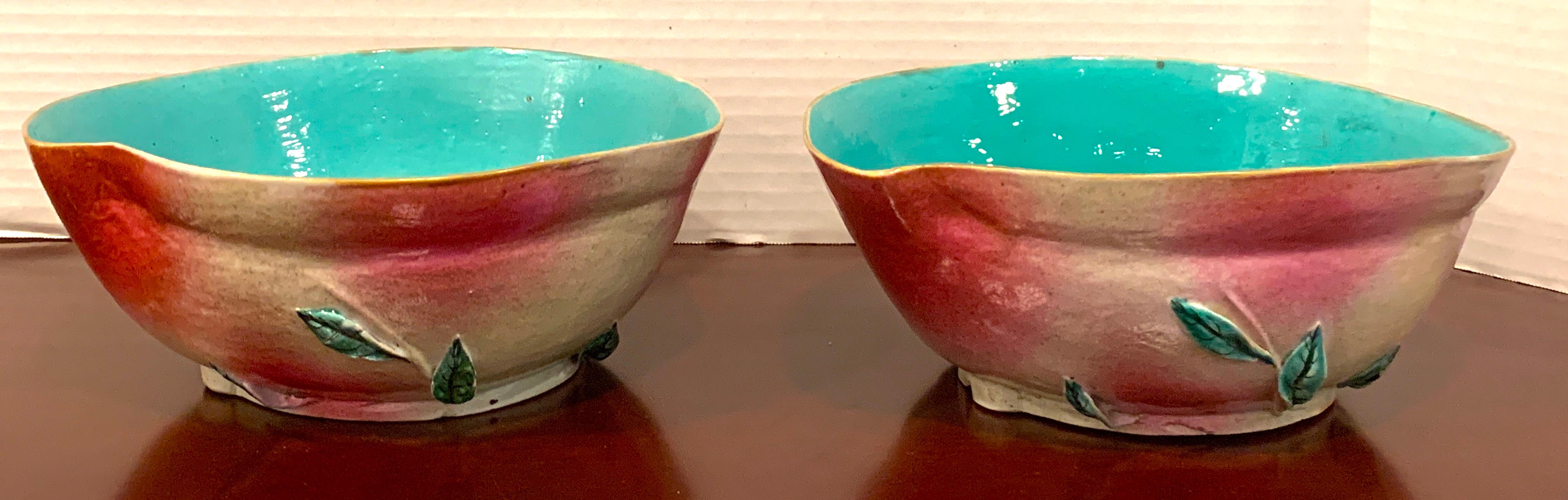Pair of Chinese export famille rose altar fruit peach bowls, each one realistically modeled and painted.