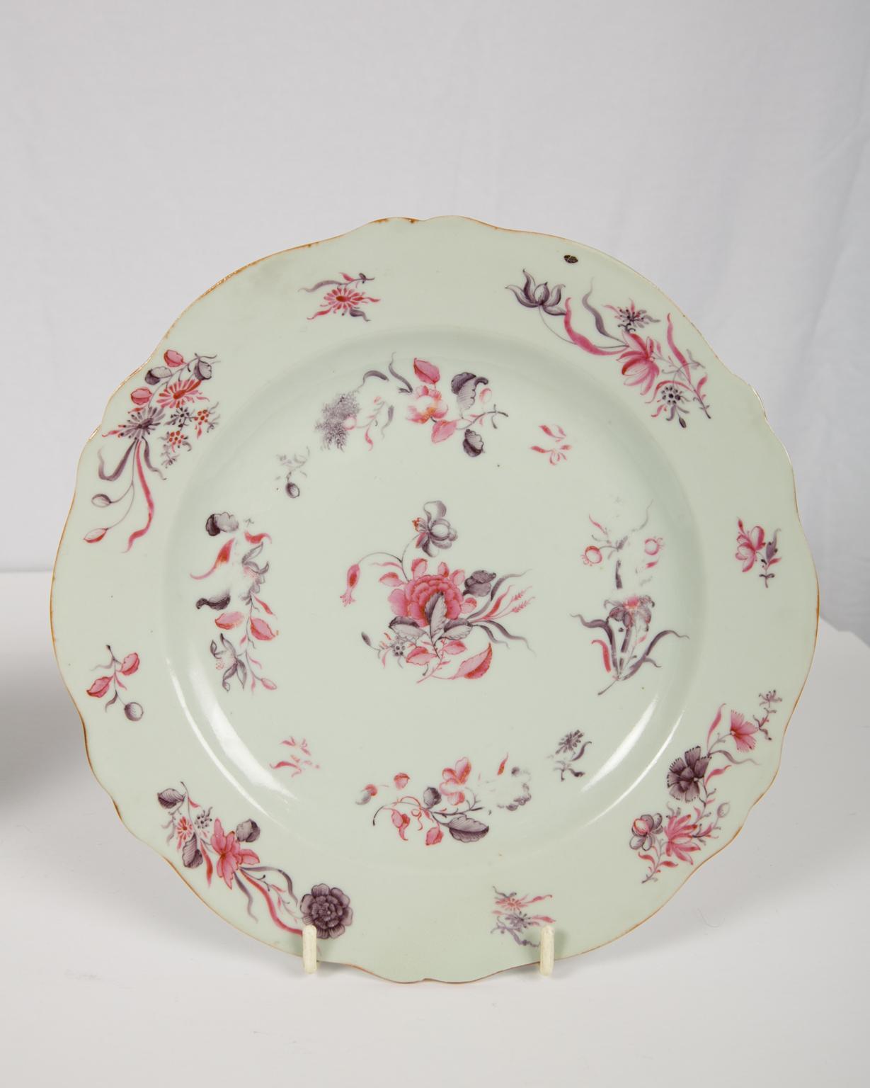 Porcelain Pair of Chinese Export Famille Rose Dessert Plates circa 1750 For Sale