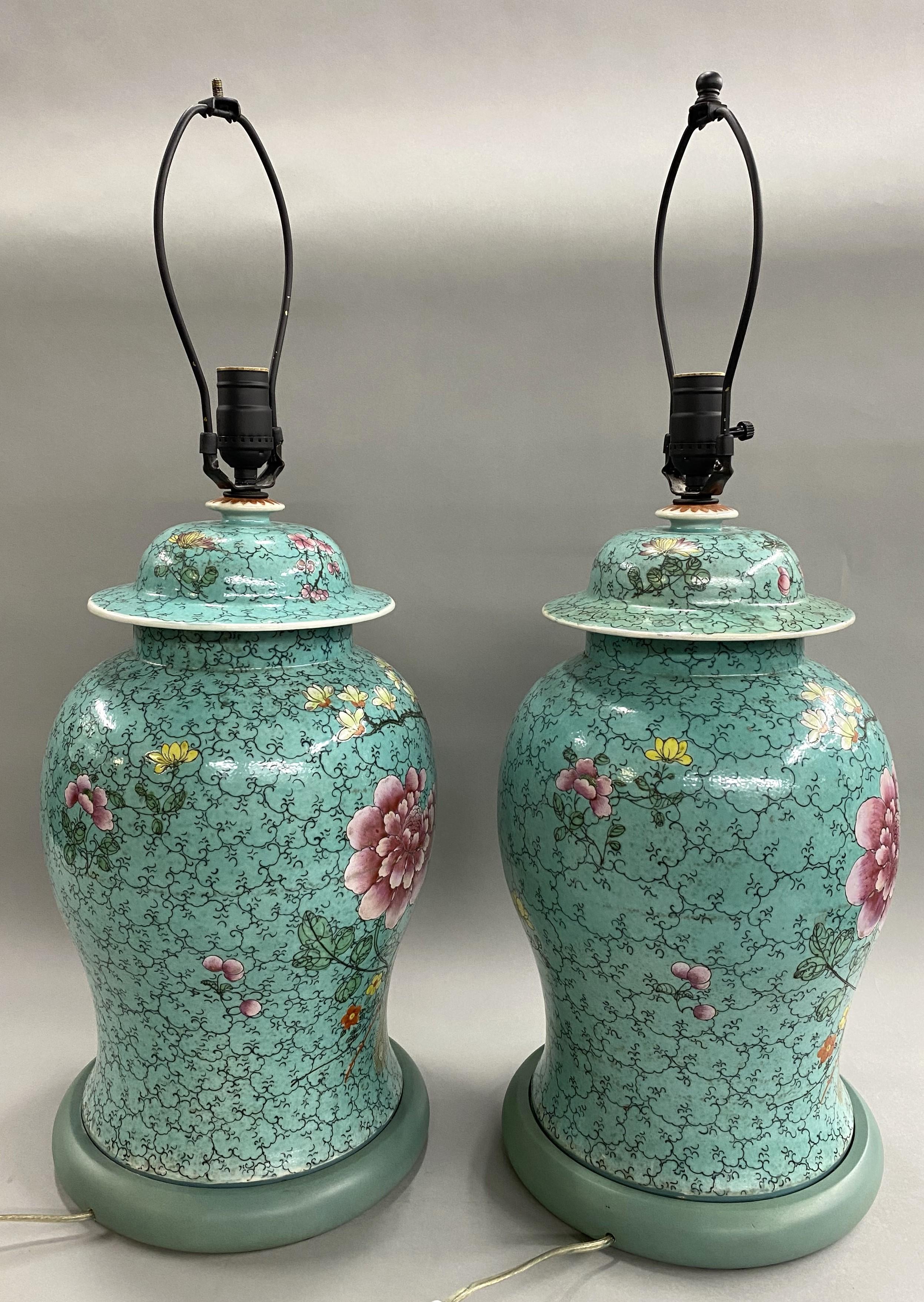 Glazed Pair of Chinese Export Famille Rose Porcelain Urns Converted To Lamps