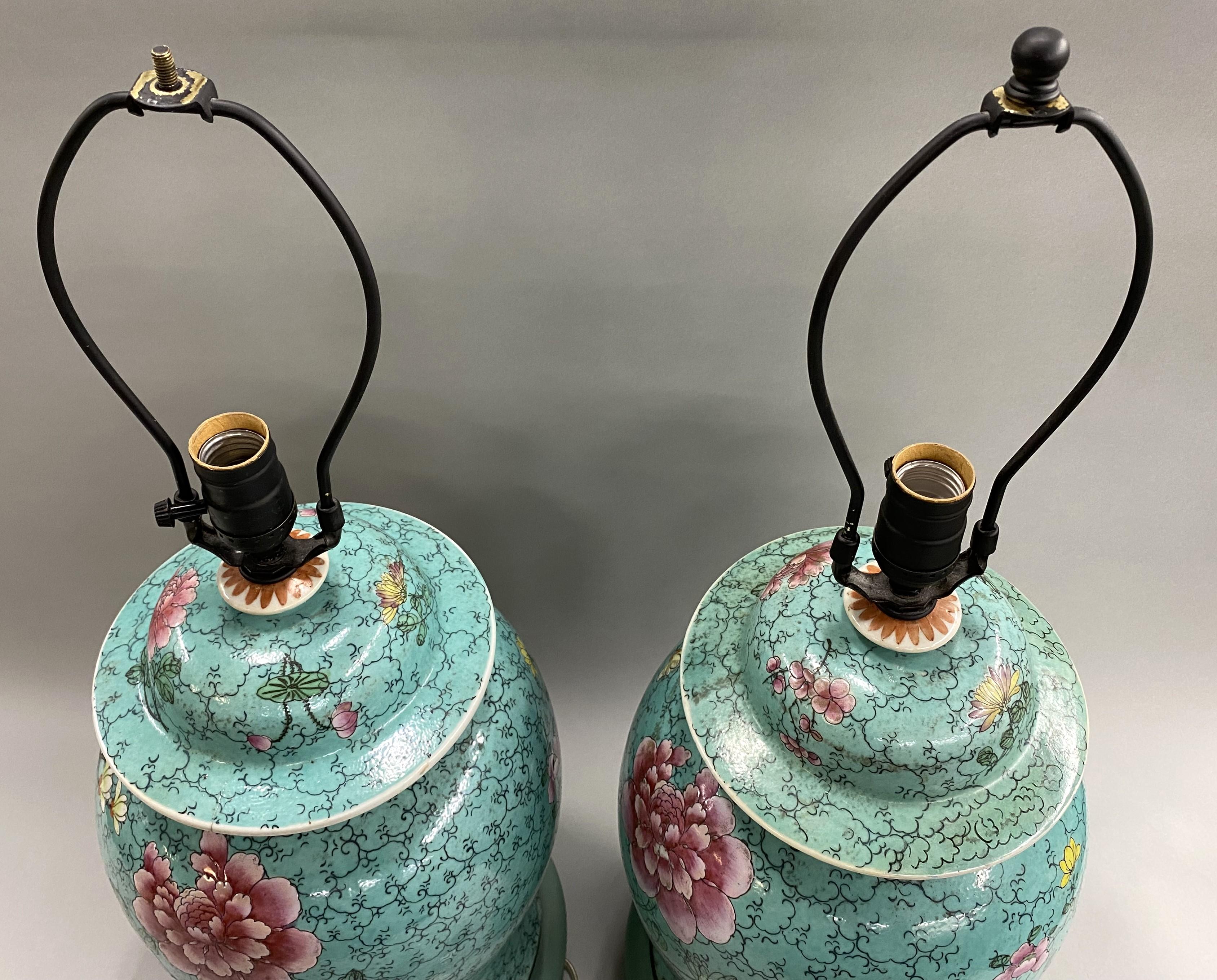 20th Century Pair of Chinese Export Famille Rose Porcelain Urns Converted To Lamps