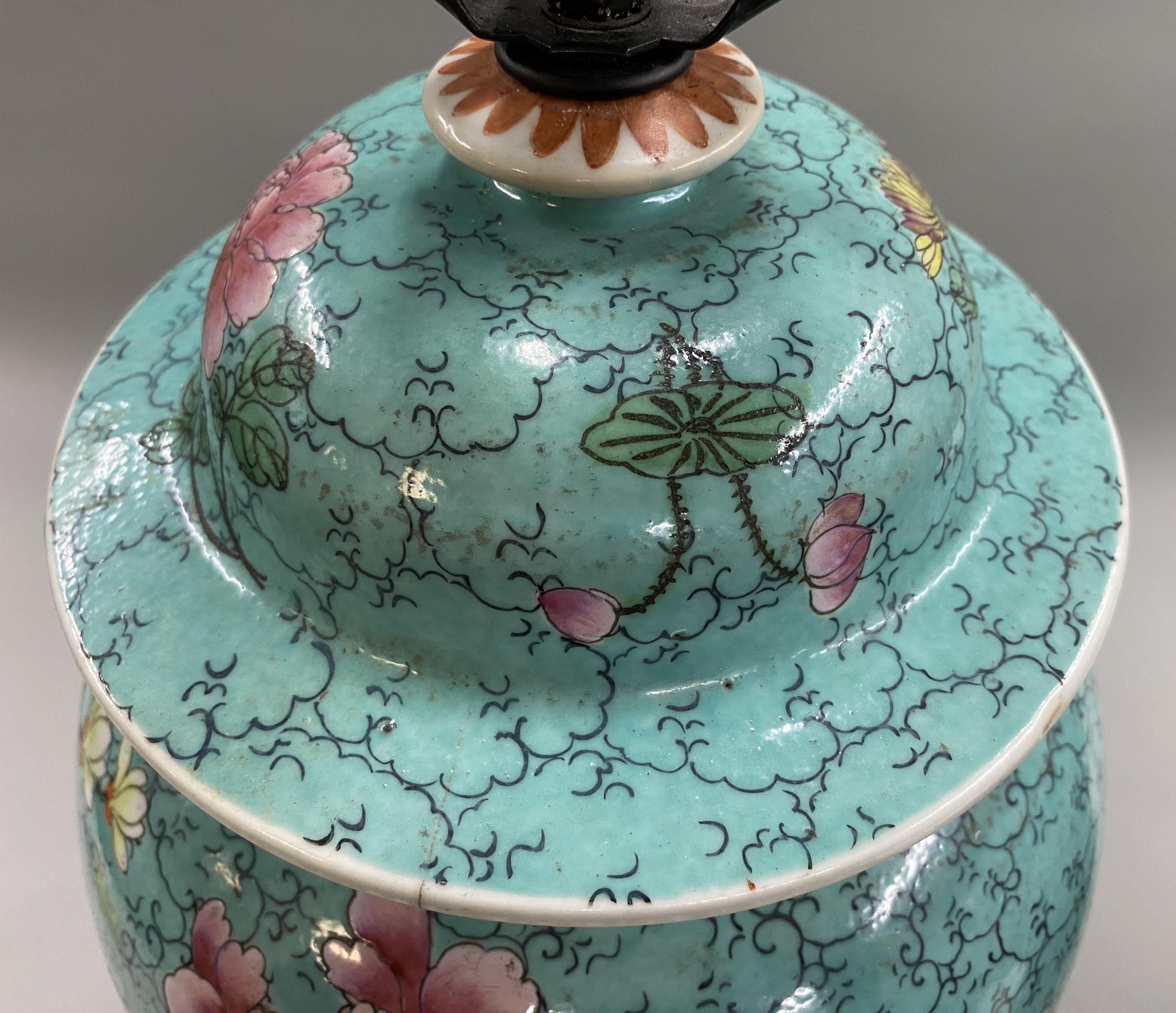 Pair of Chinese Export Famille Rose Porcelain Urns Converted To Lamps 1