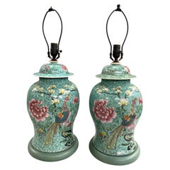 Pair of Chinese Export Famille Rose Porcelain Urns Converted To Lamps