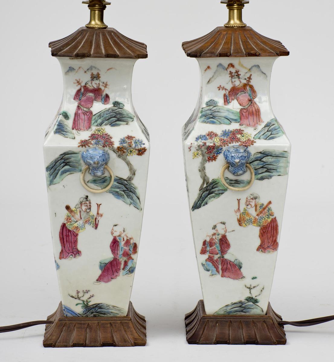 Carved Pair of Chinese Export Famille Rose Vase Lamps For Sale