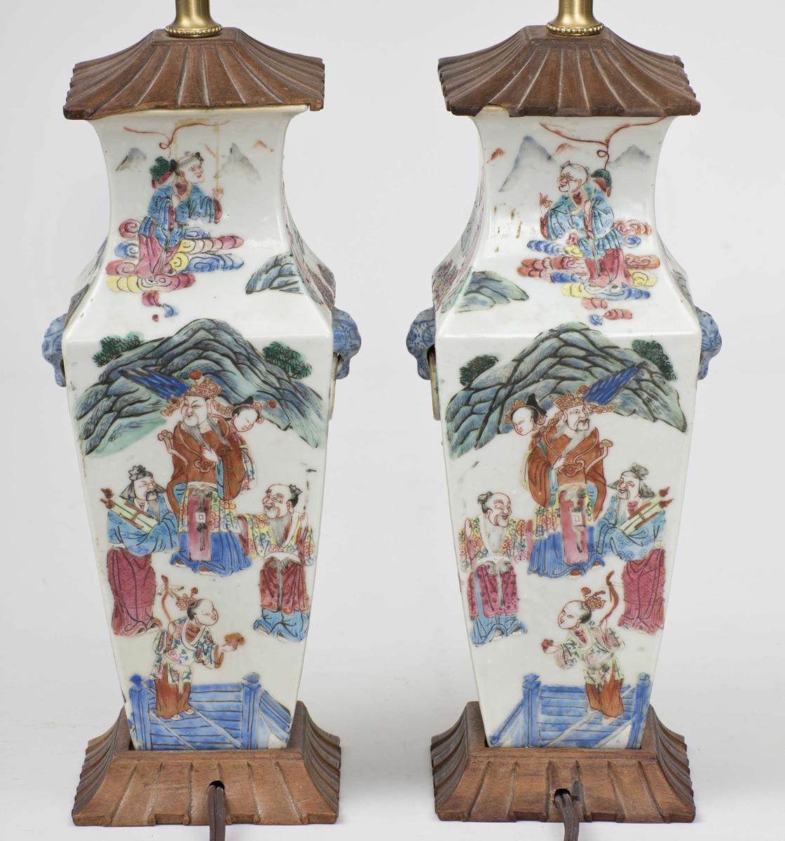 Pair of Chinese Export Famille Rose Vase Lamps In Good Condition For Sale In Sheffield, MA