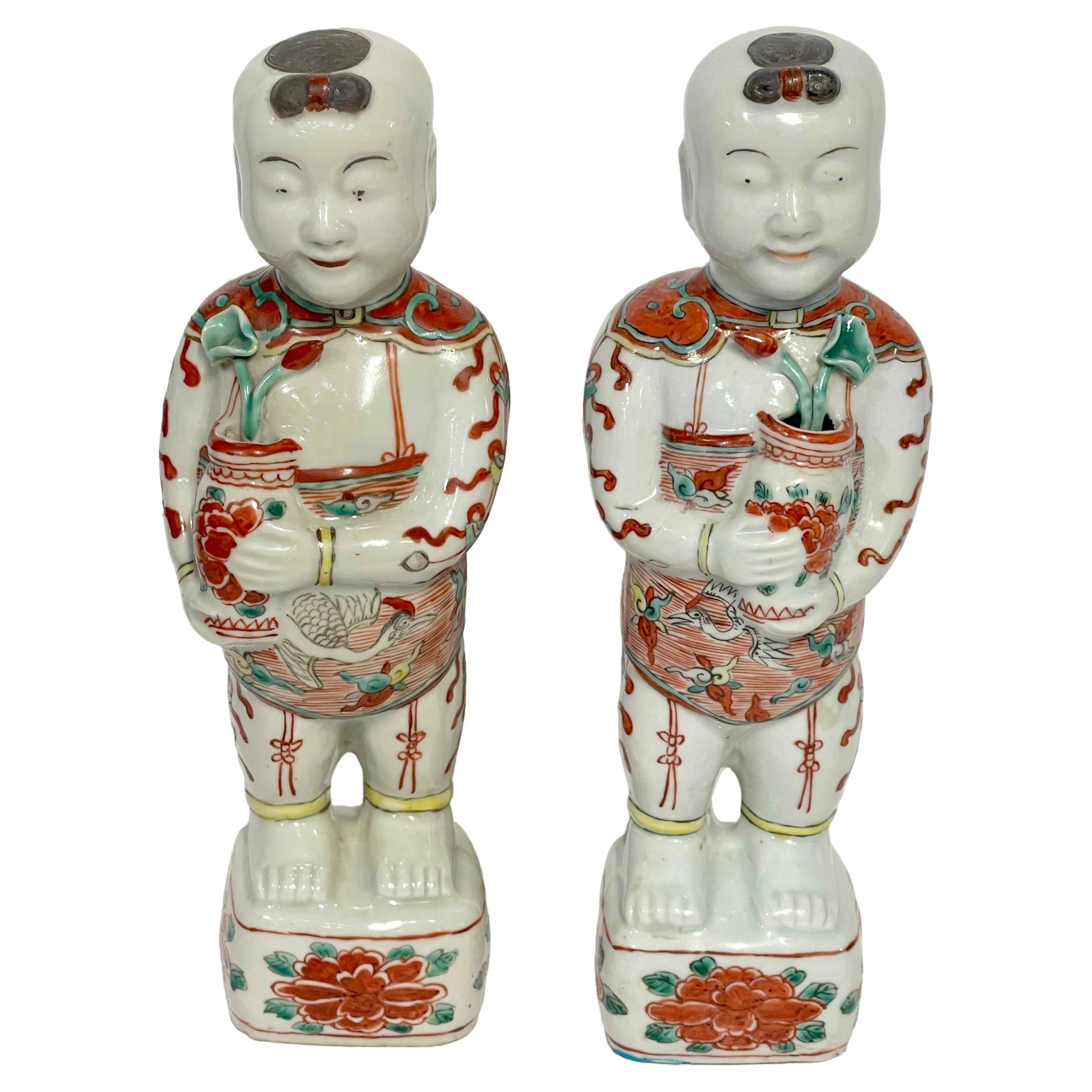 Pair of Chinese Export Famille Verte  Figures of the Hehe Erxian Twins  For Sale