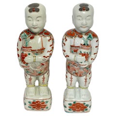 Antique Pair of Chinese Export Famille Verte  Figures of the Hehe Erxian Twins 