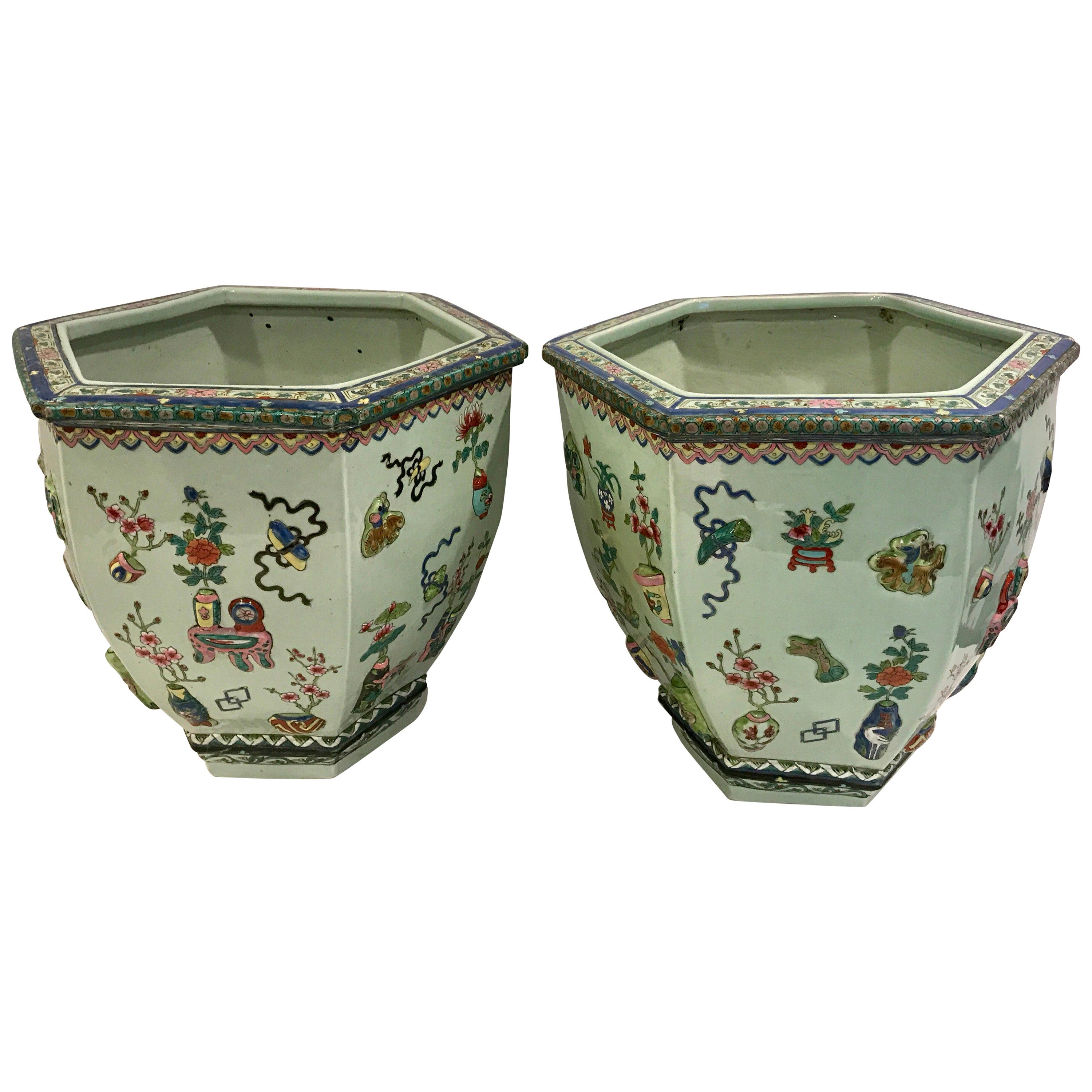 Pair of Chinese Export Famille Verte Jardinières For Sale