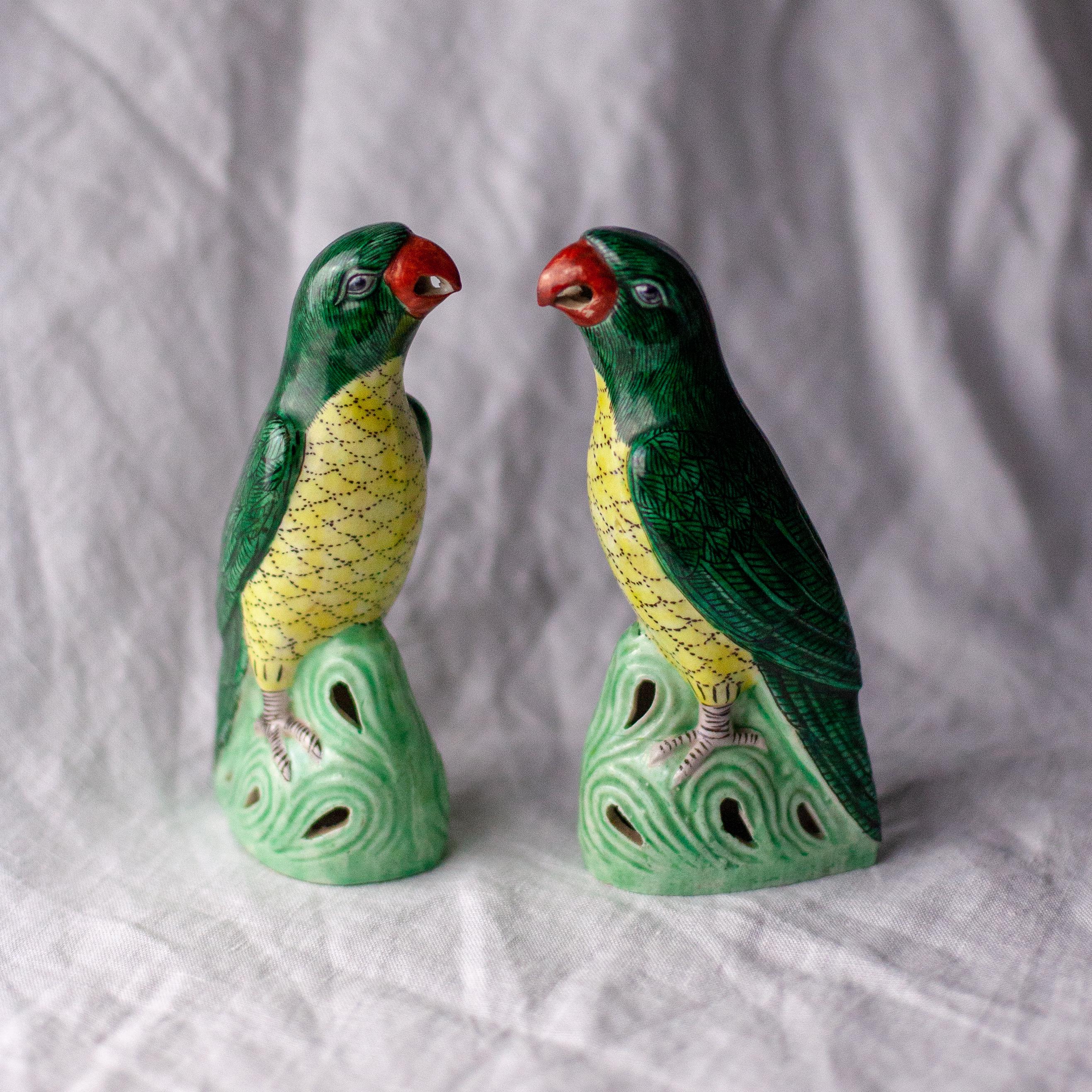 Glazed Pair of Chinese Export Famille Verte Pottery Parrots