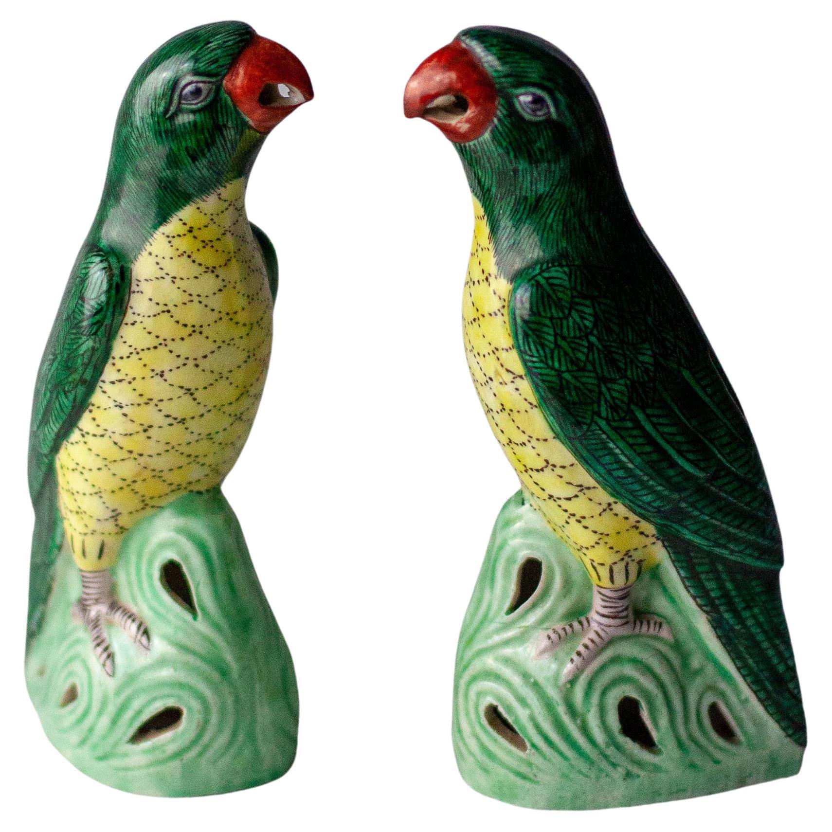 Pair of Chinese Export Famille Verte Pottery Parrots