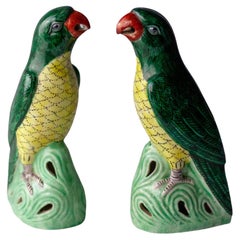 Antique Pair of Chinese Export Famille Verte Pottery Parrots