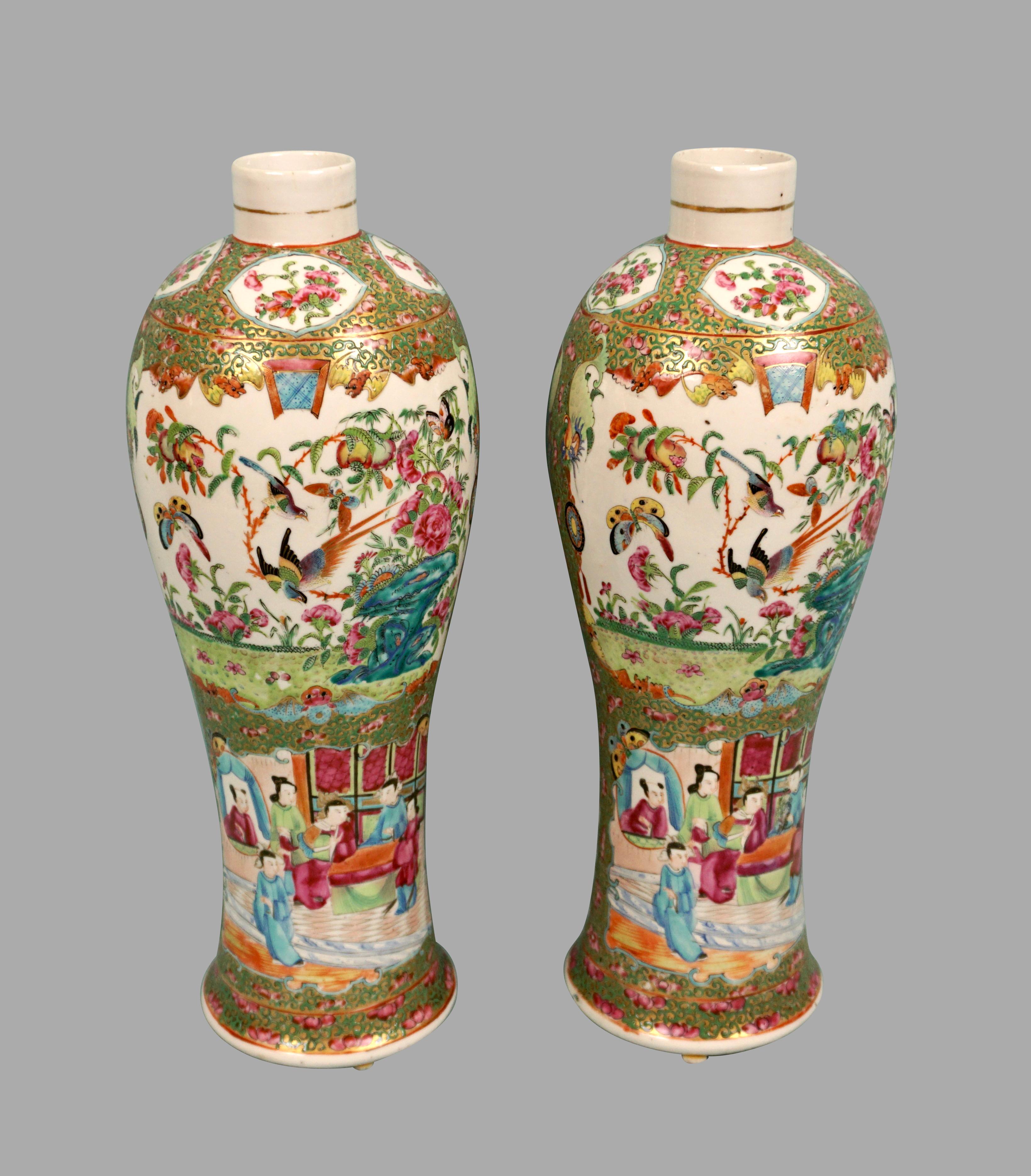 A pair of Chinese export baluster form vases decorated overall with elaborately dressed female figures, flowers and butterflies in the famille verte palette with additional colors of rose, blue, orange and gold all in a garden setting. Circa