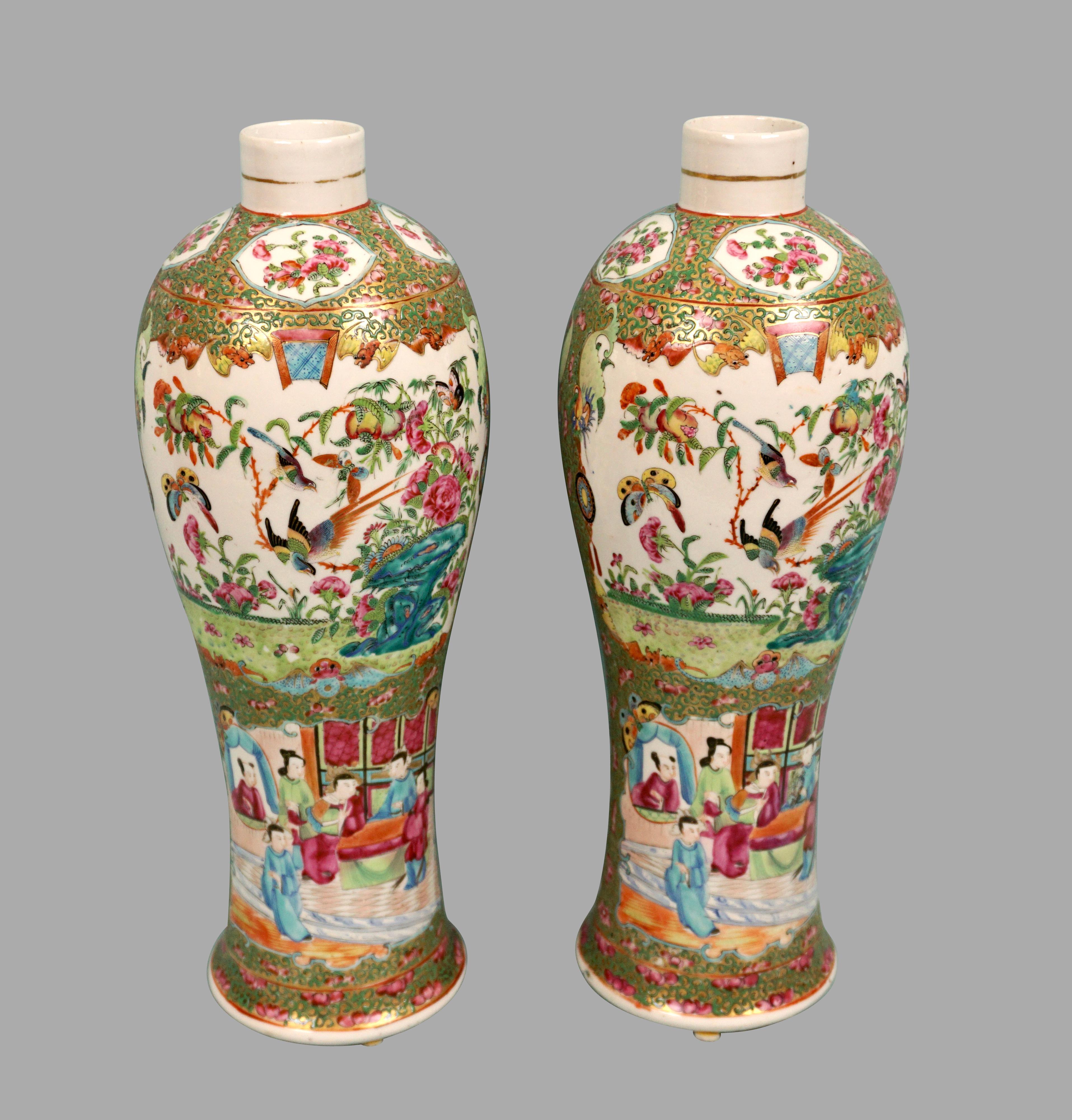 Porcelain Pair of Chinese Export Famille Verte Vases Now Drilled For Lamps