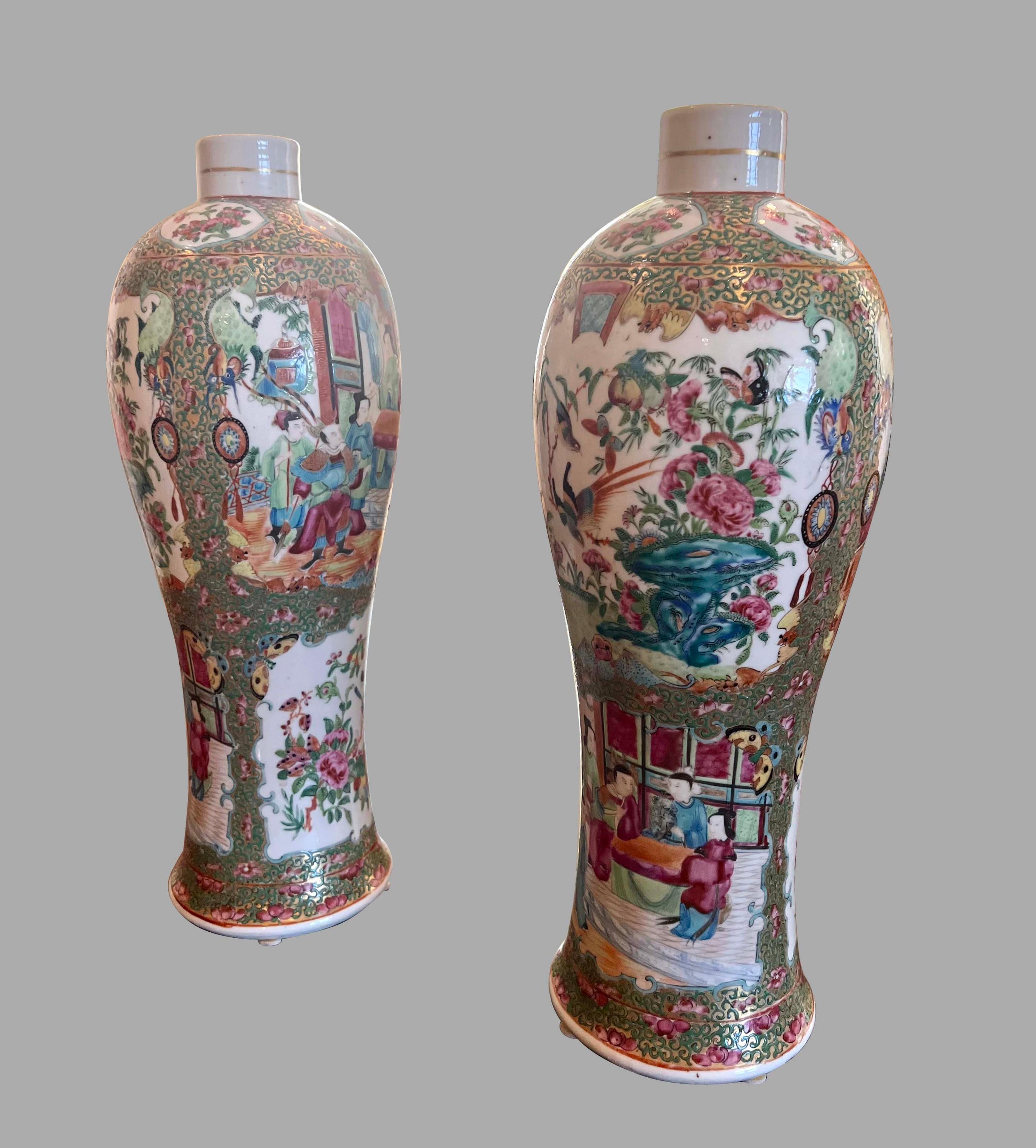 Pair of Chinese Export Famille Verte Vases Now Drilled For Lamps 1