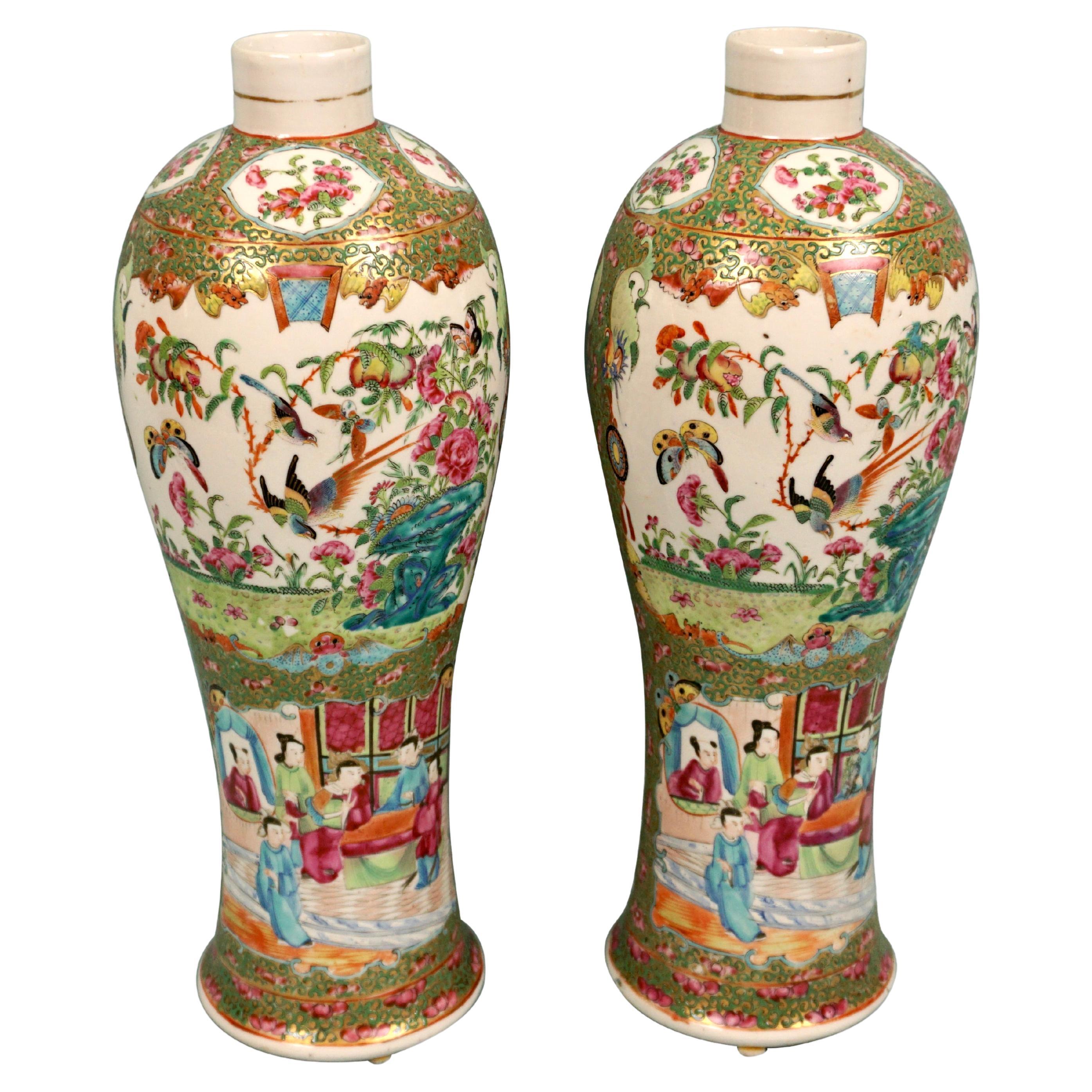 Pair of Chinese Export Famille Verte Vases Now Drilled For Lamps