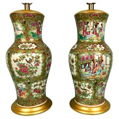 Pair of Chinese Export Famille Verte Vases Now Electrified on Giltwood Bases