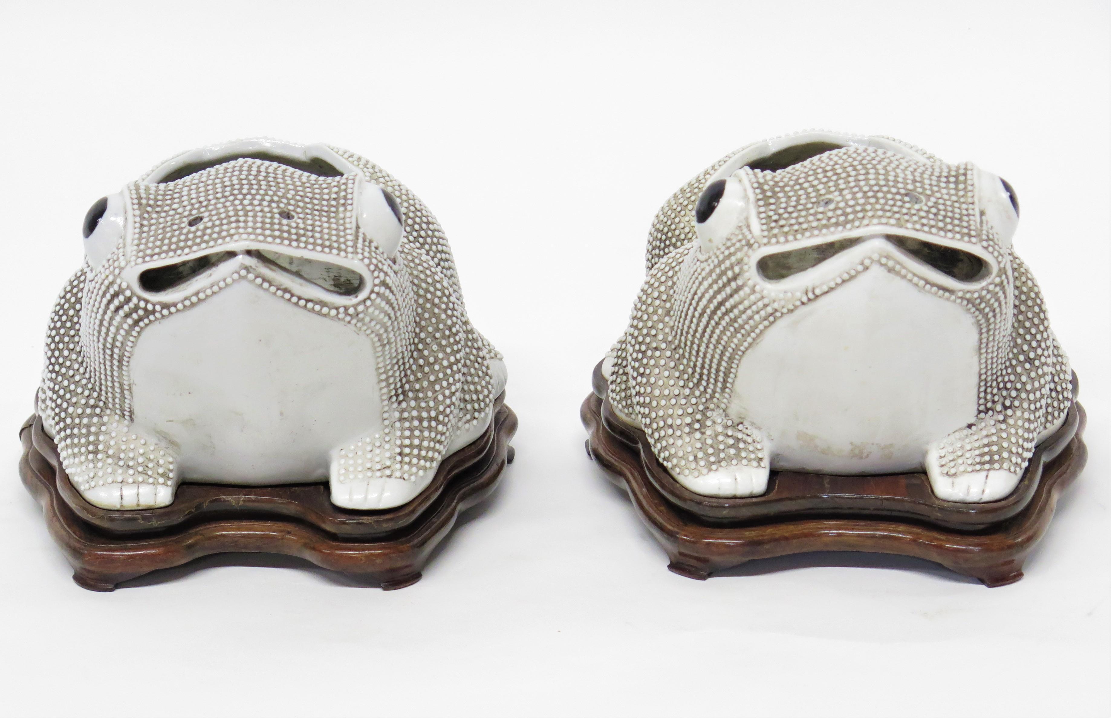 pair of Chinese export frog jardinieres, white with custom wooden stands. China, 19th century