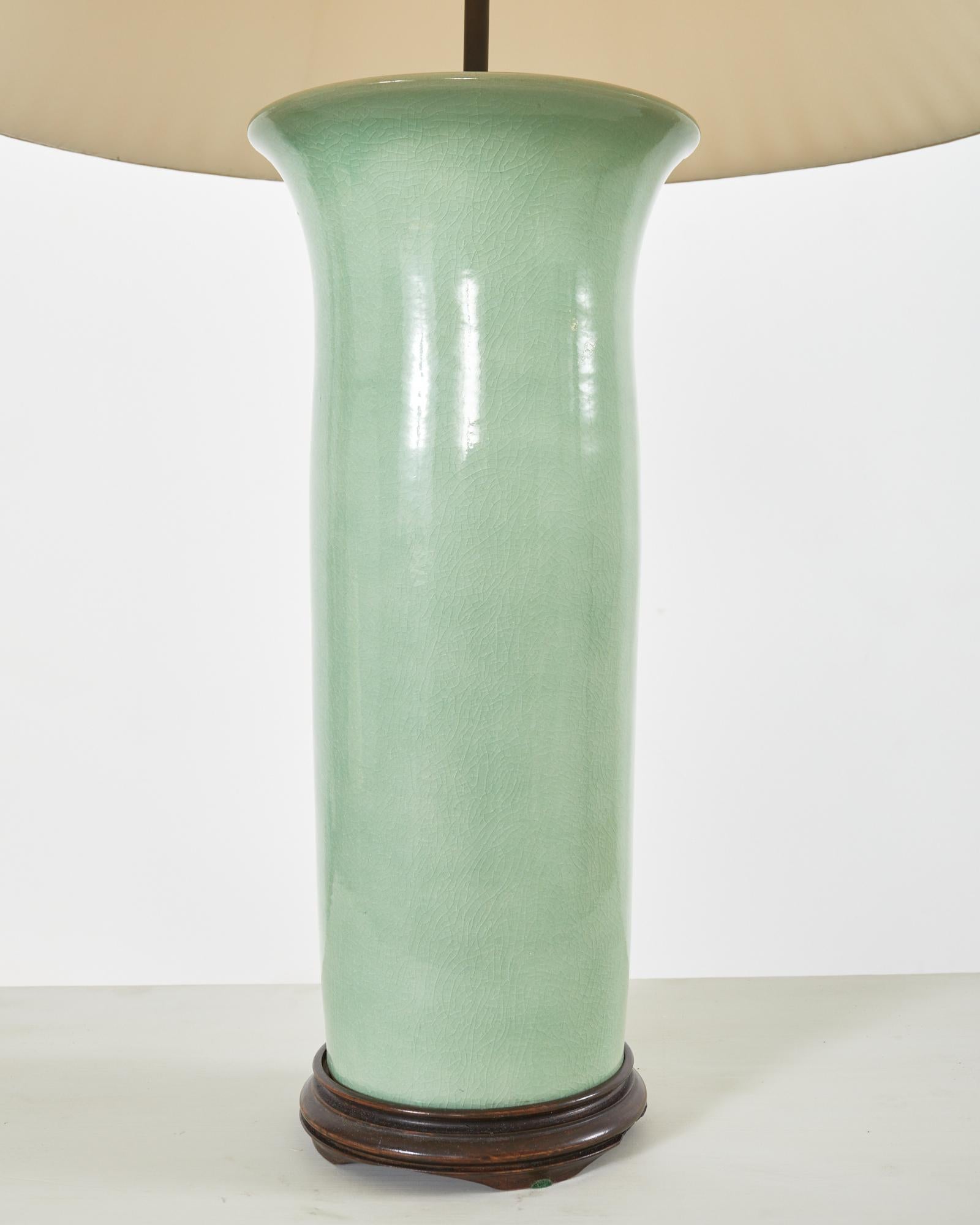Brass Pair of Chinese Export Glazed Celadon Vase Table Lamps