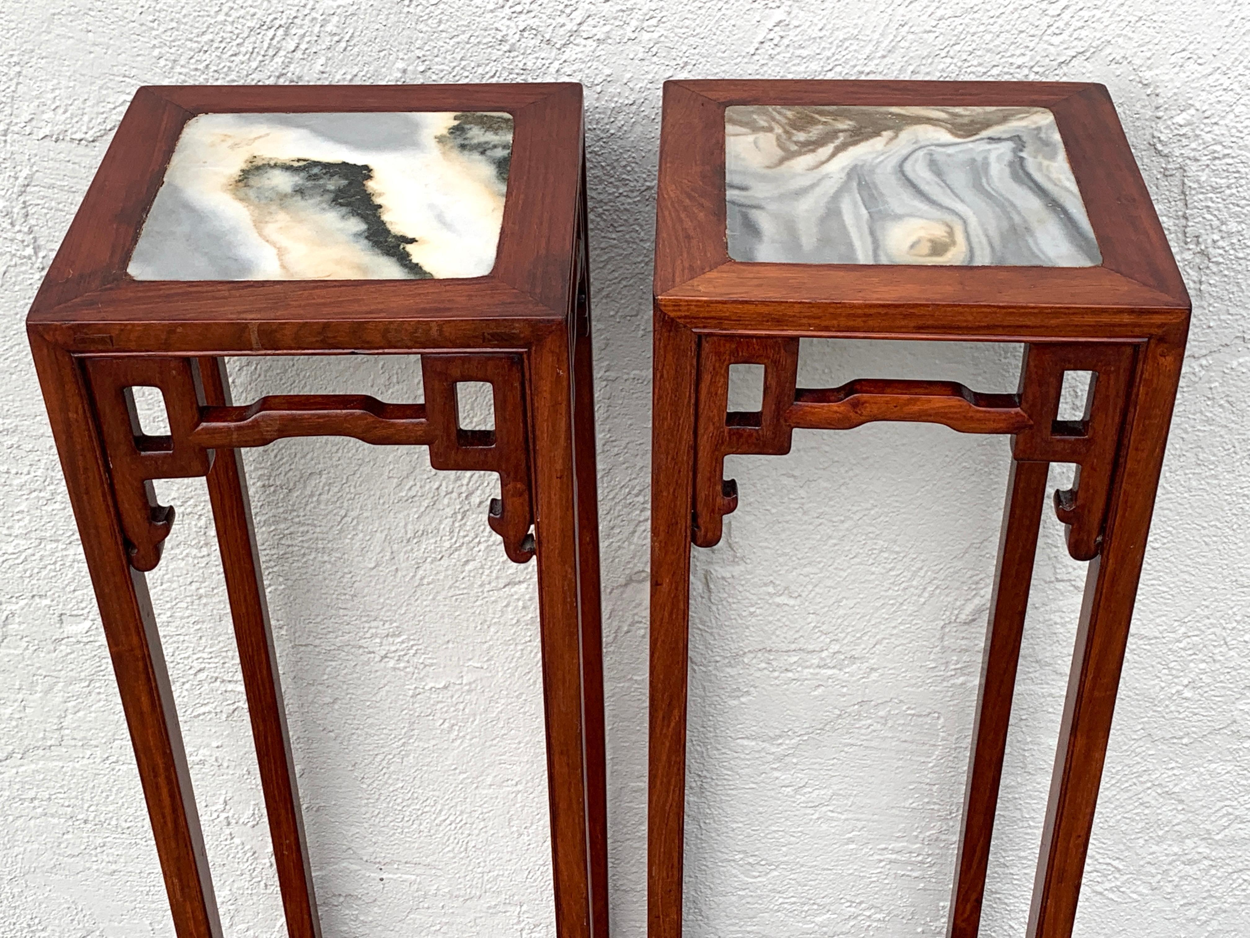 Carved Pair of Chinese Export Hardwood and Marble Pedestals For Sale