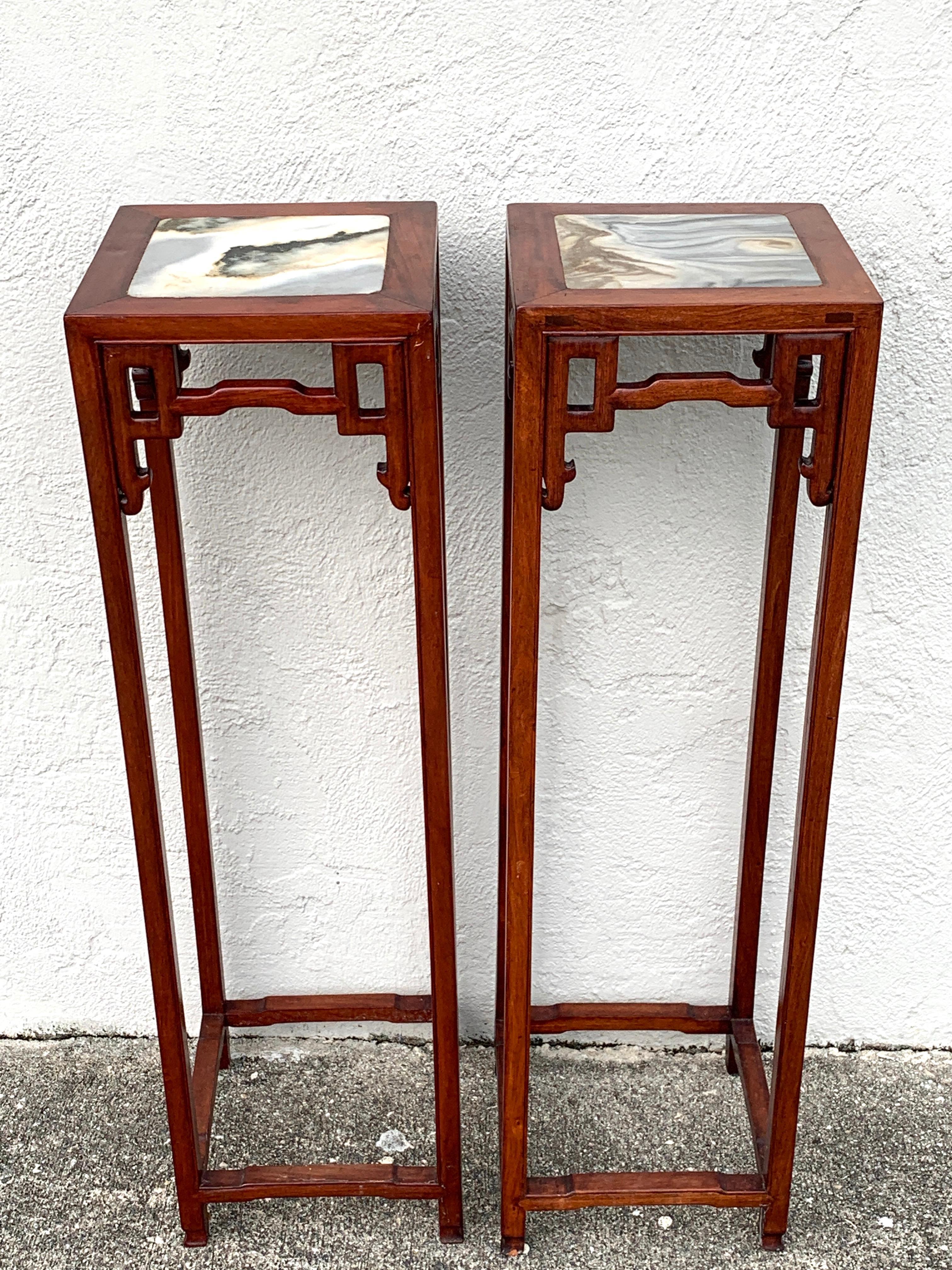Pair of Chinese Export Hardwood and Marble Pedestals In Good Condition For Sale In West Palm Beach, FL