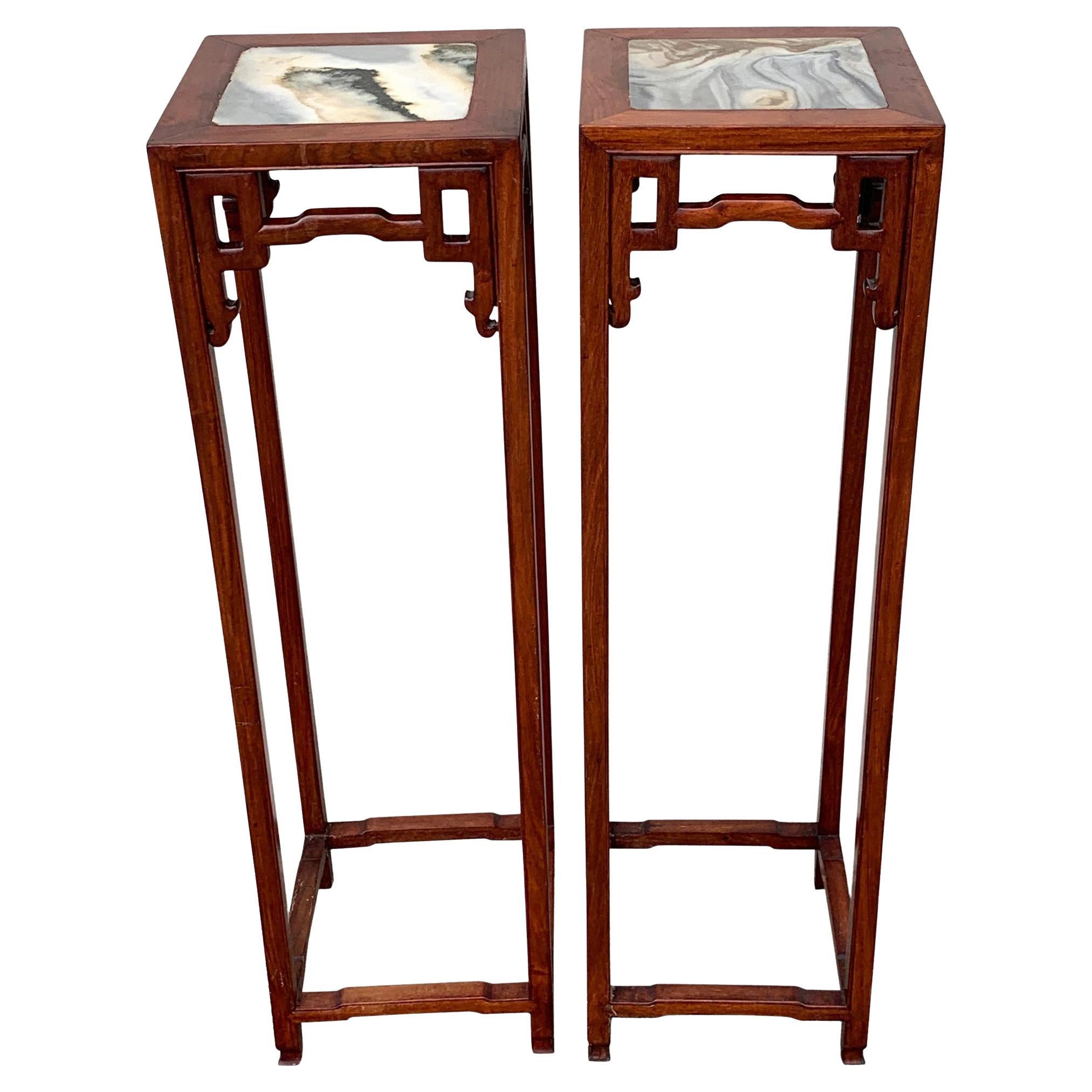 Pair of Chinese Export Hardwood and Marble Pedestals
