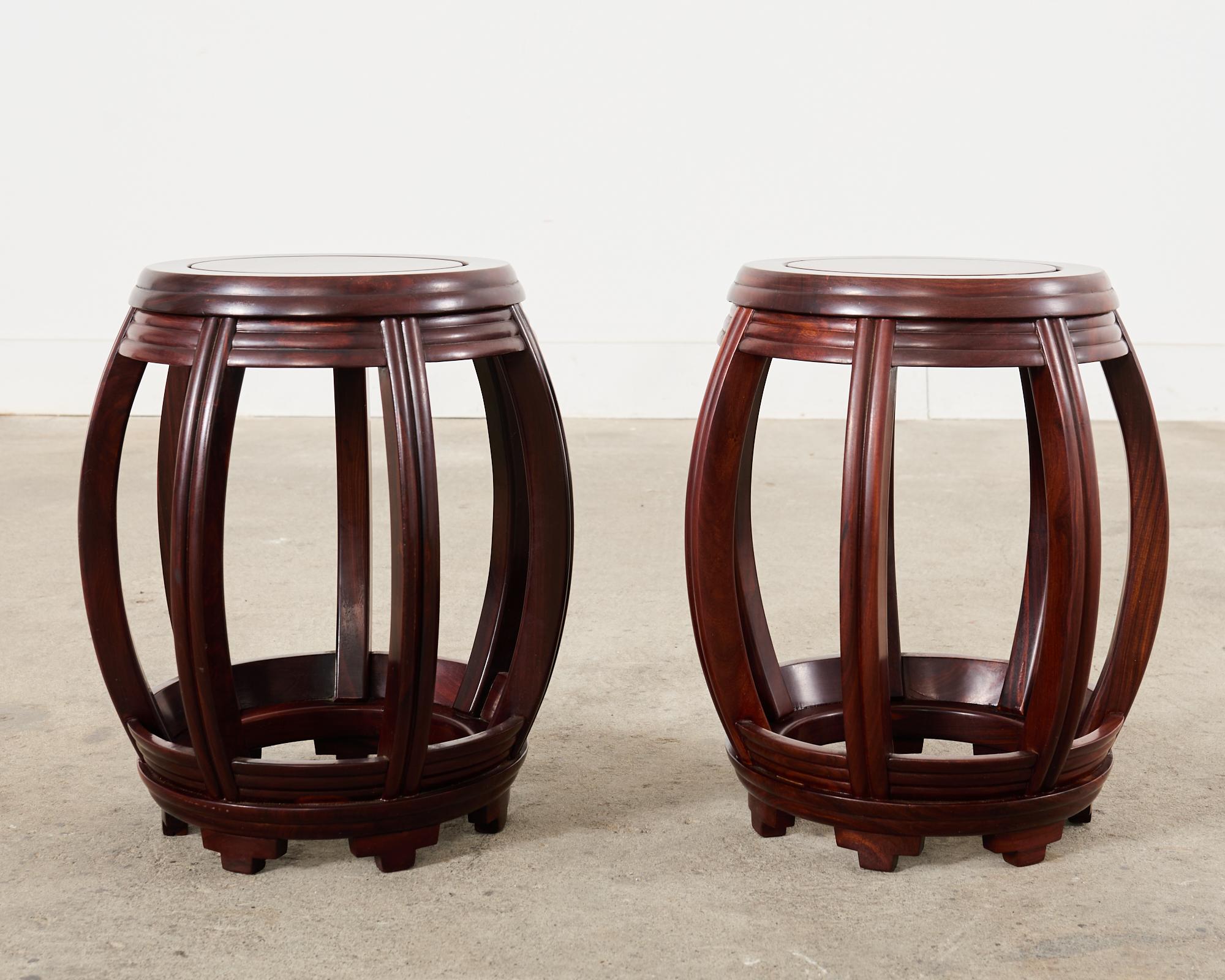 Hand-Crafted Pair of Chinese Export Hardwood Drum Stools or Drink Tables For Sale