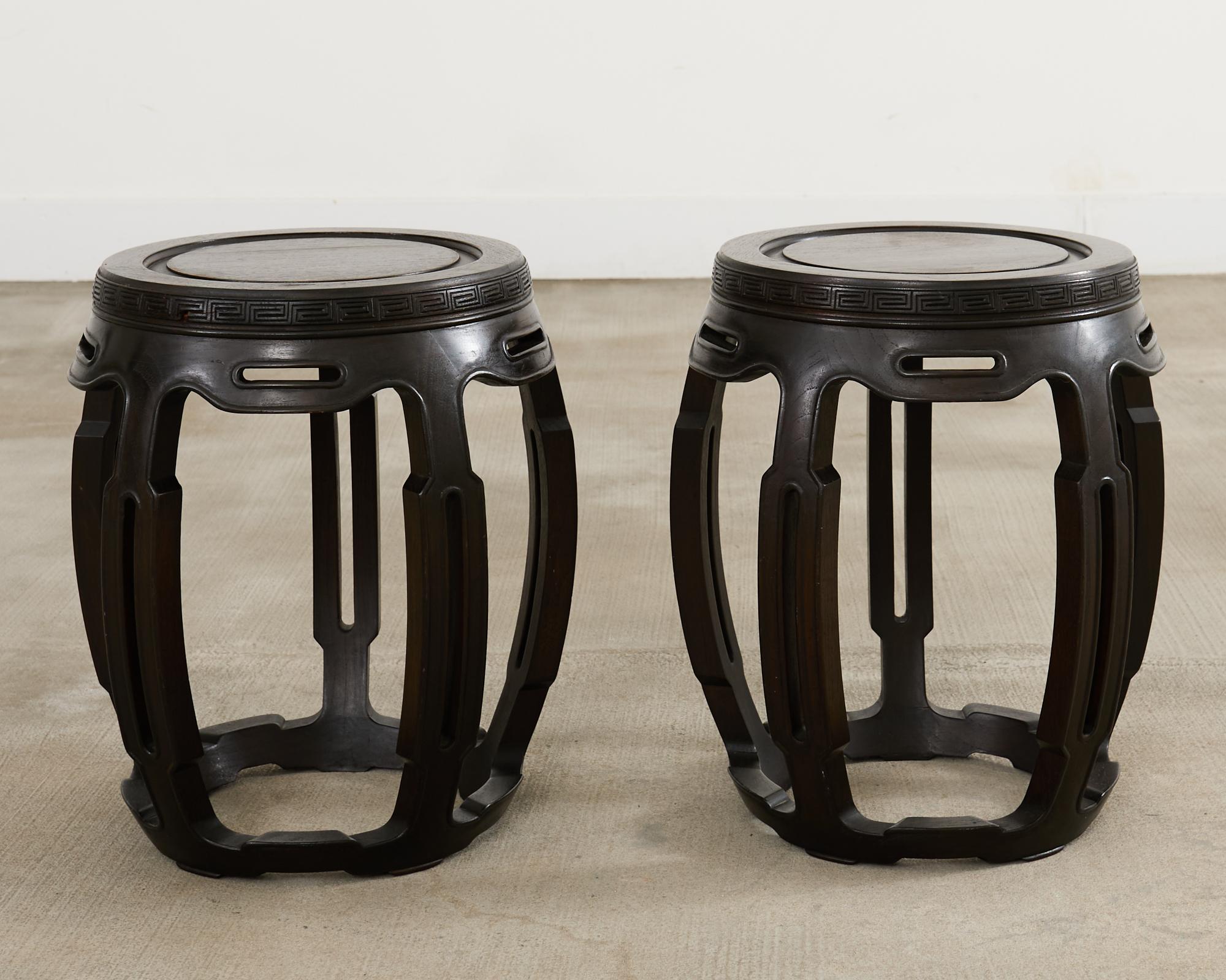 Hand-Crafted Pair of Chinese Export Hardwood Garden Stools or Drink Tables For Sale