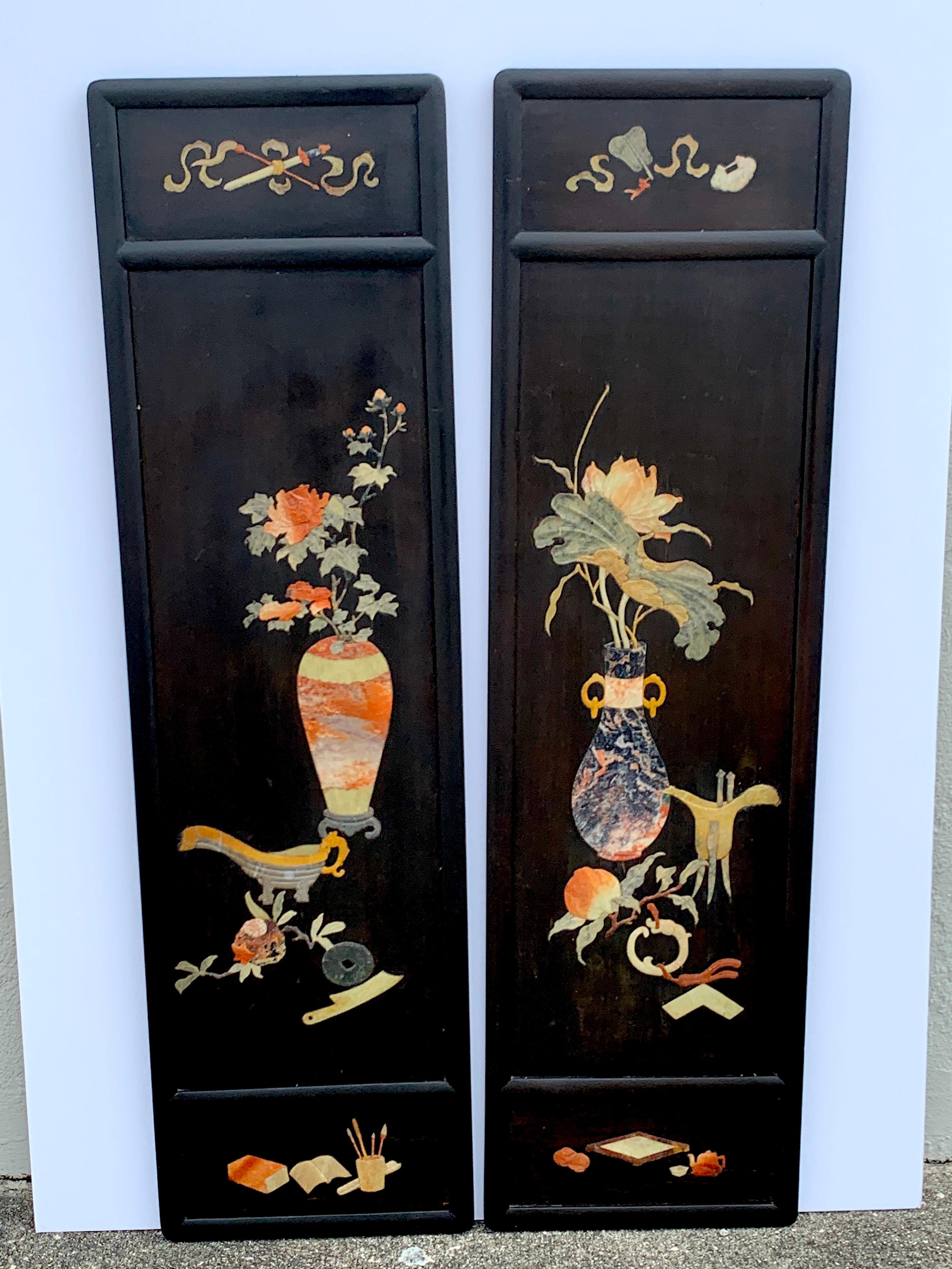 Inlay Pair of Chinese Export Inlaid Hardstone Still Life Panels