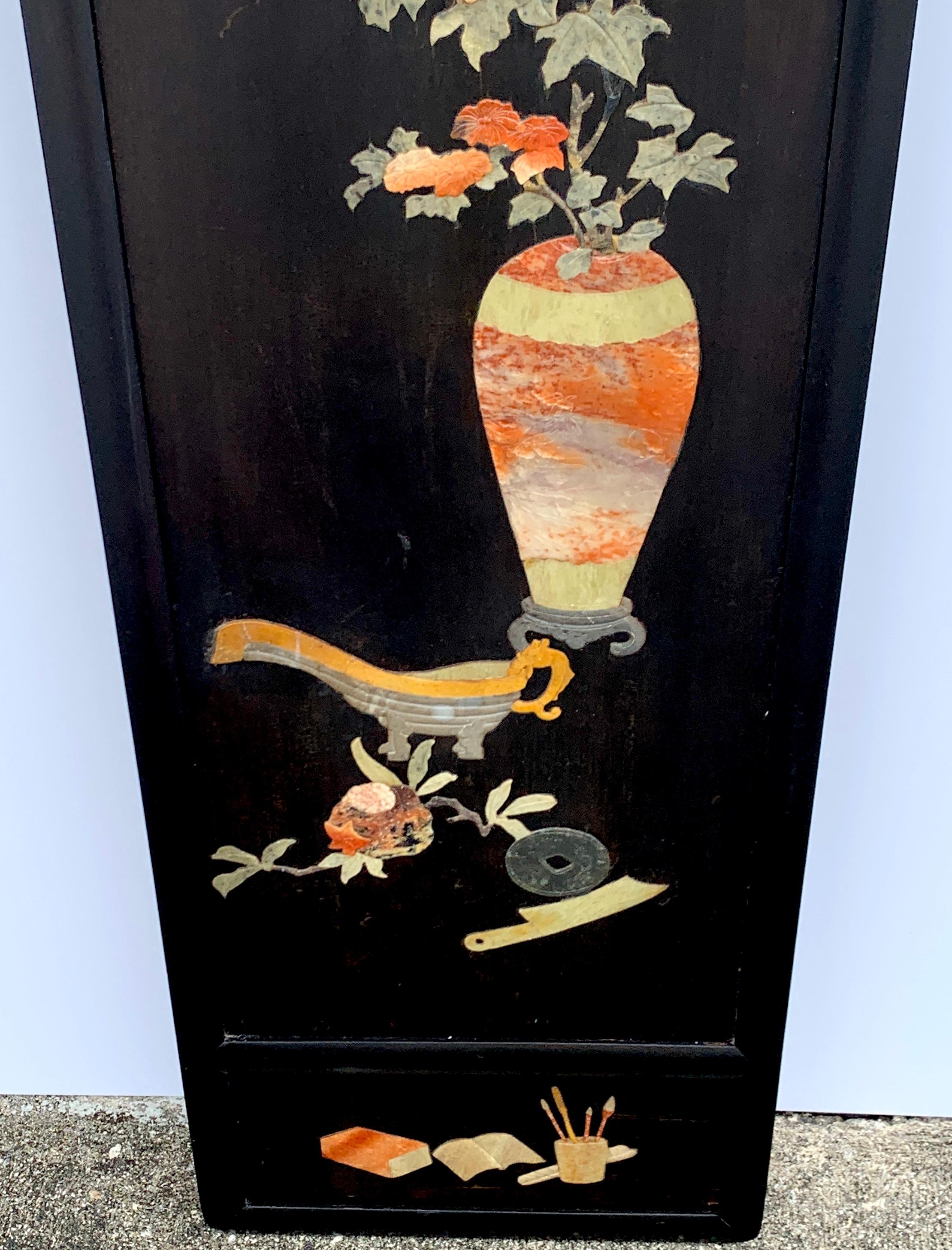 Hardwood Pair of Chinese Export Inlaid Hardstone Still Life Panels