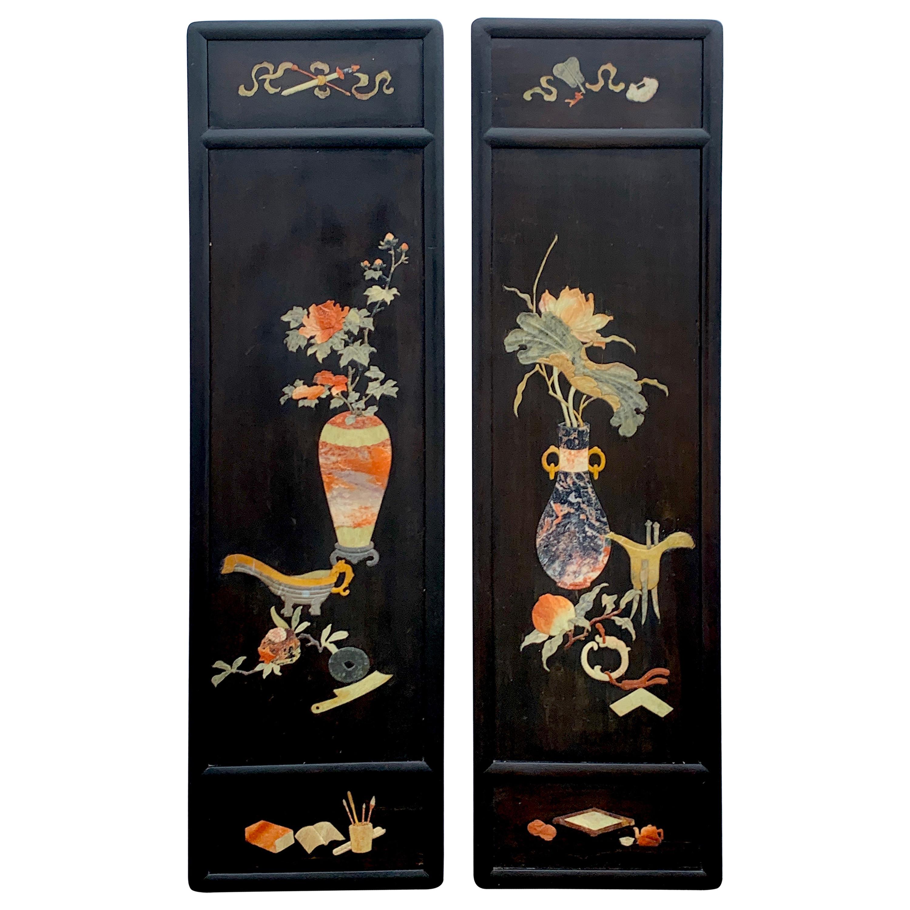 Pair of Chinese Export Inlaid Hardstone Still Life Panels