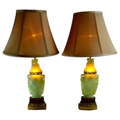 Retro Pair of Chinese Export Jadeite Stone Lamps