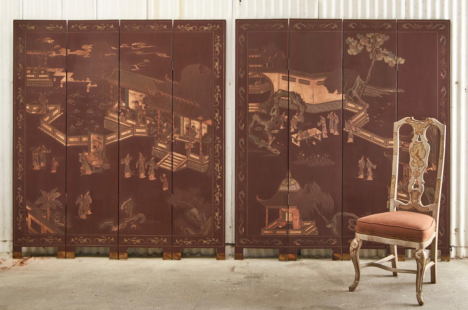 Lacquered Pair of Chinese Export Lacquer Faded Coromandel Screens