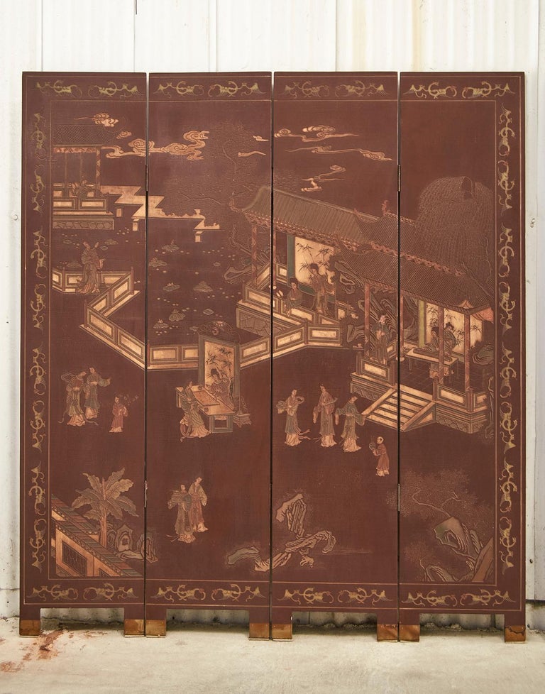 Pair of Chinese Export Lacquer Faded Coromandel Screens In Distressed Condition In Rio Vista, CA