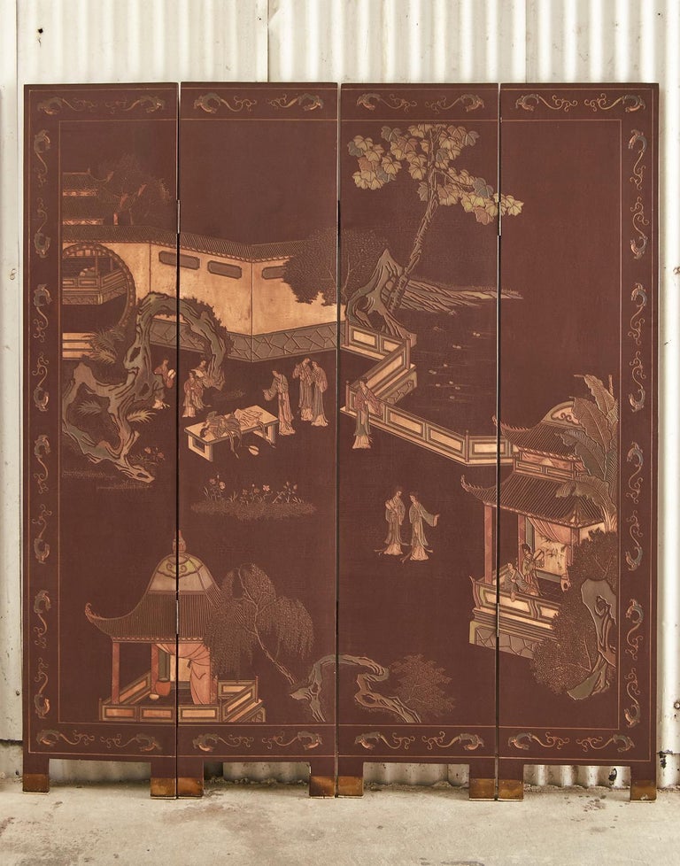 20th Century Pair of Chinese Export Lacquer Faded Coromandel Screens