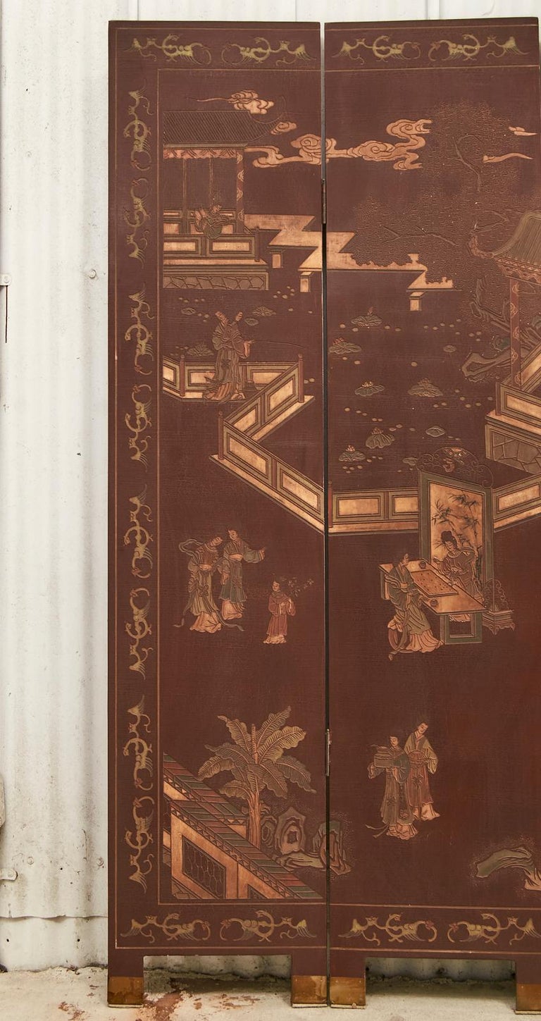 Brass Pair of Chinese Export Lacquer Faded Coromandel Screens