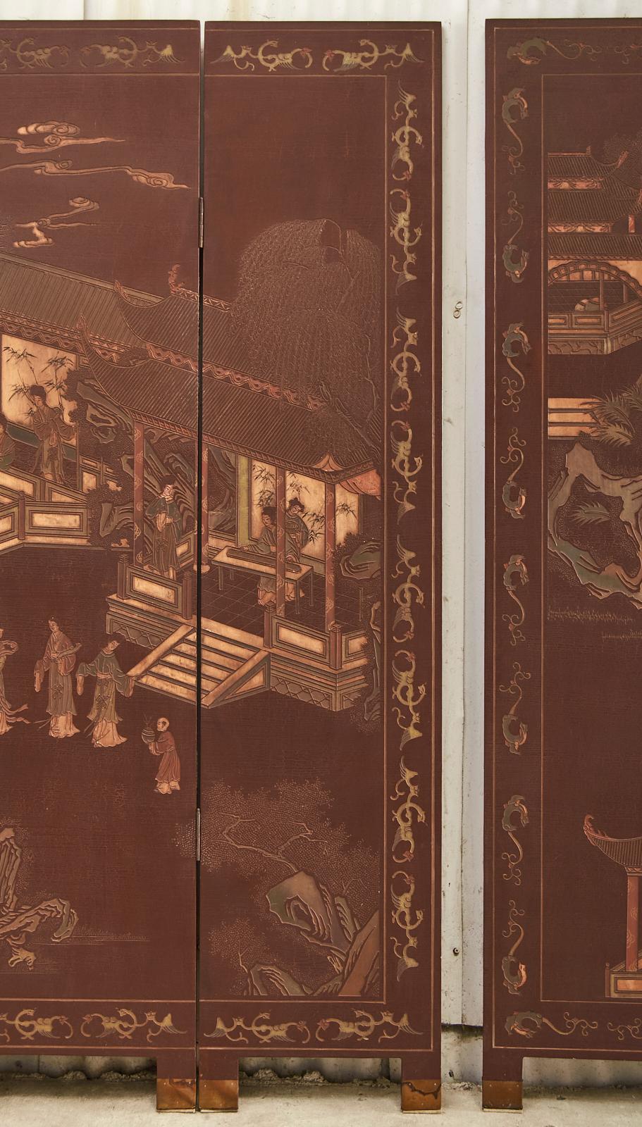 Pair of Chinese Export Lacquer Faded Coromandel Screens 3