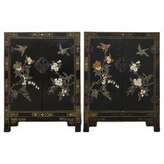 Pair of Chinese Export Lacquered Flora Fauna Cabinets