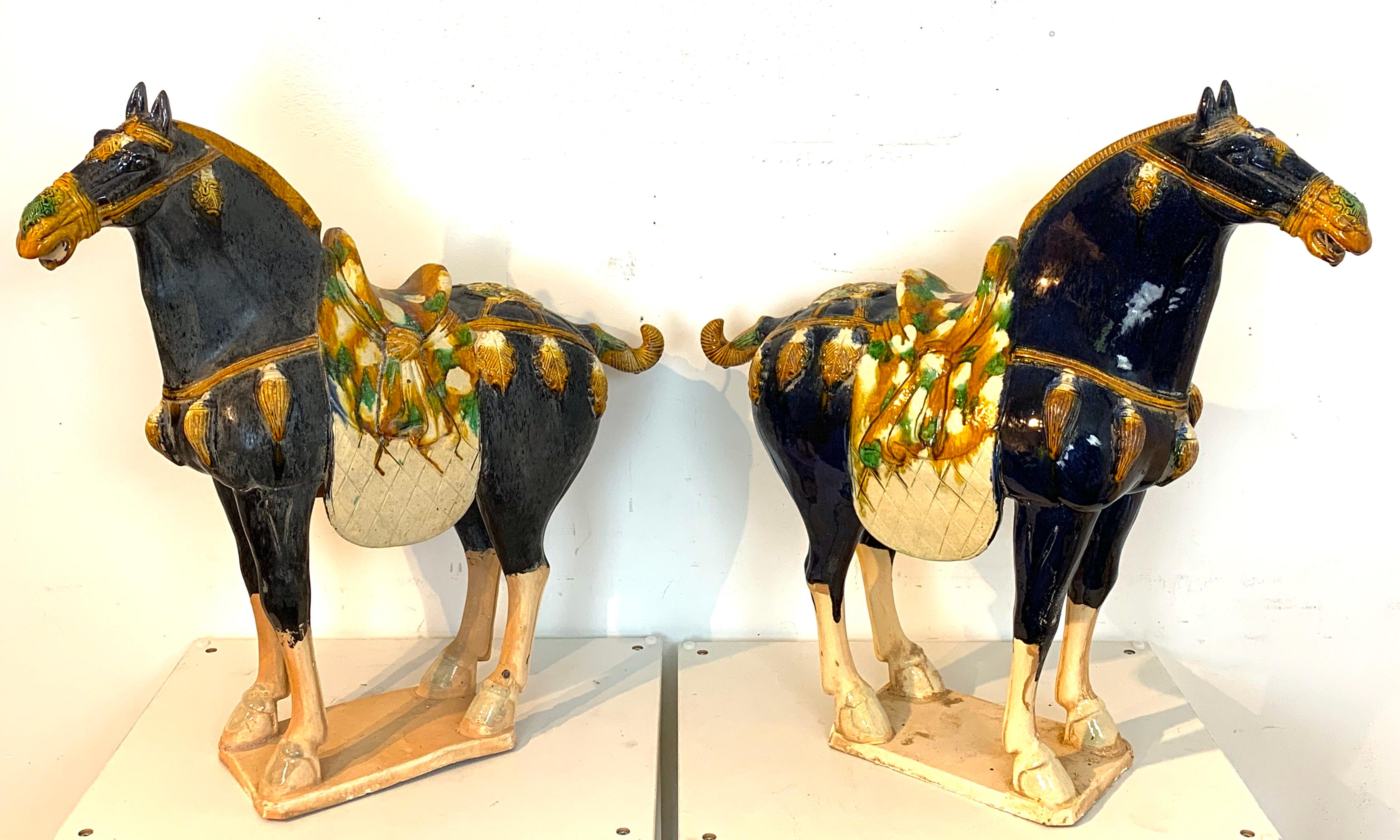 Pair of Chinese export large pottery blue Sancai glazed Tang style horses, rare color.
A grand pair of Tang style horses with saddle, cover and harness, in remarkable condition, some minor roughness on the 7