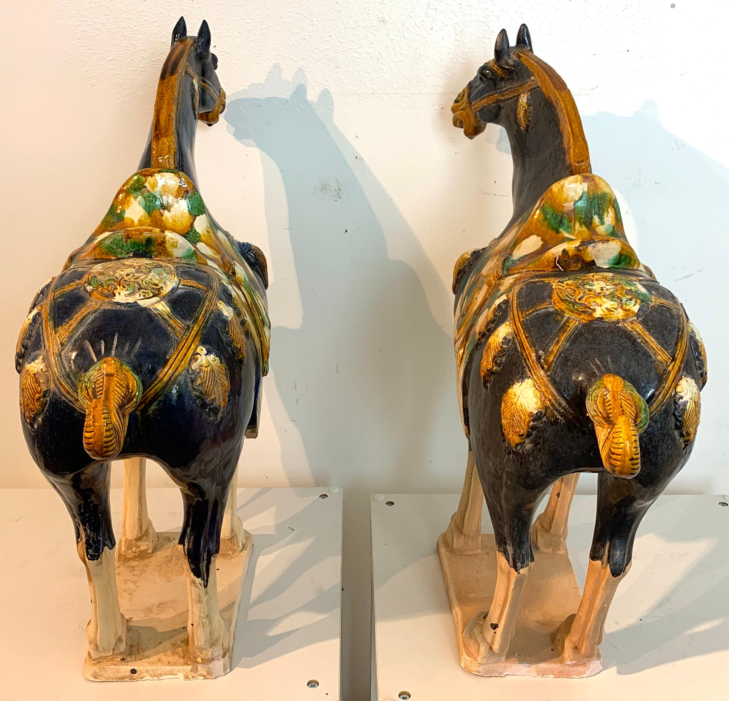 Pair of Chinese Export Large Pottery Blue Sancai Glazed Tang Style Horses In Good Condition In West Palm Beach, FL