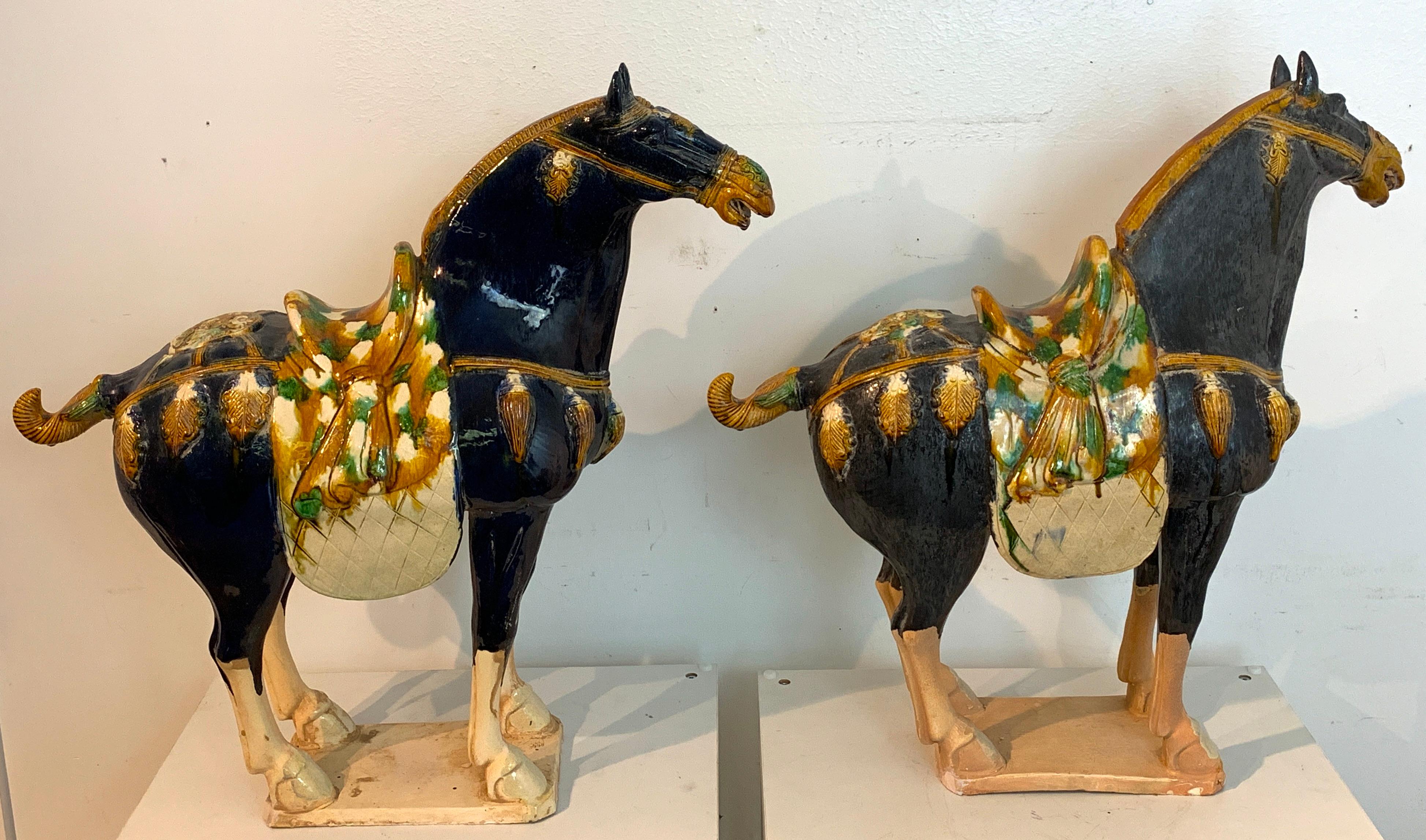 20th Century Pair of Chinese Export Large Pottery Blue Sancai Glazed Tang Style Horses