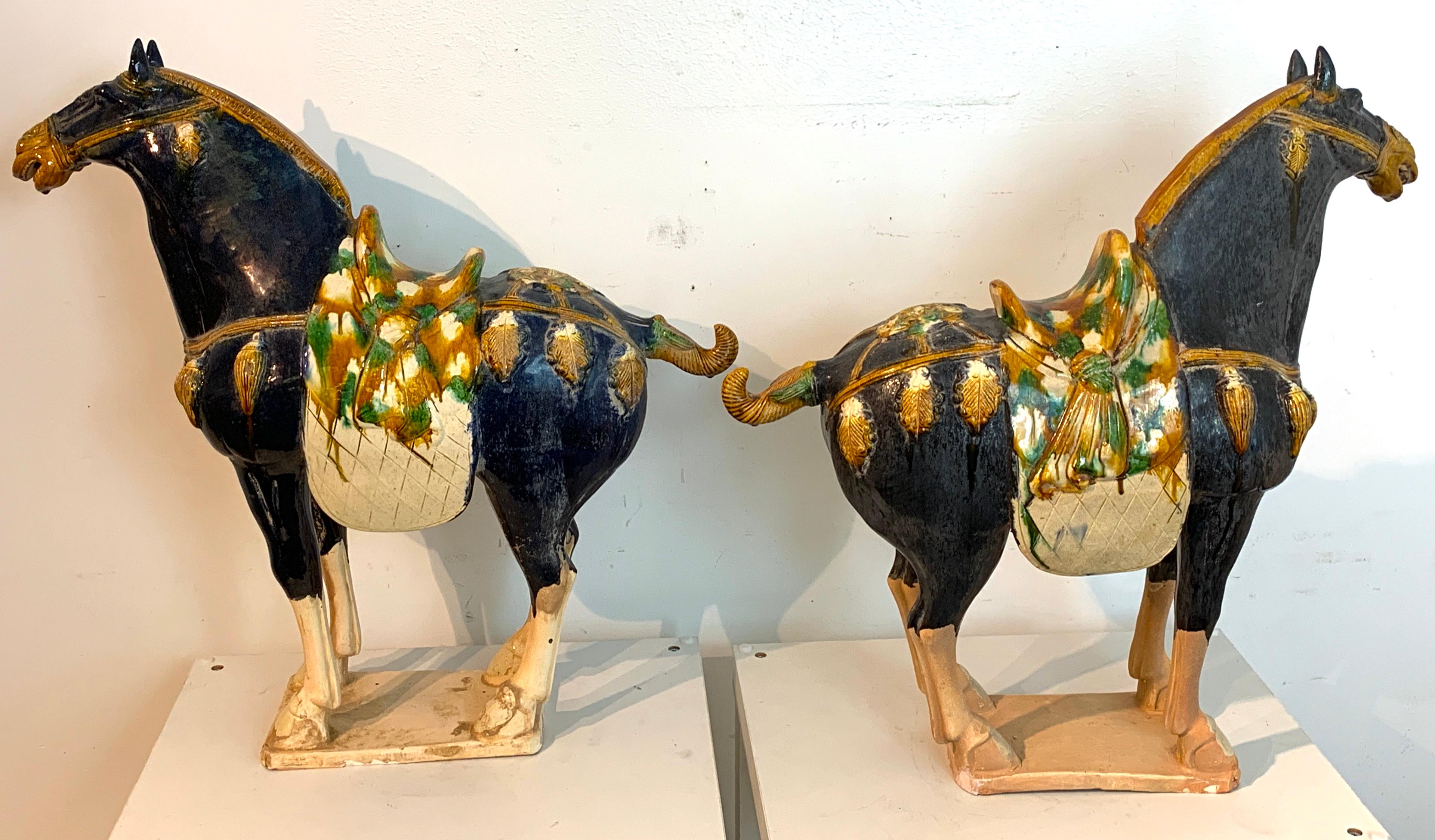 Pair of Chinese Export Large Pottery Blue Sancai Glazed Tang Style Horses 2