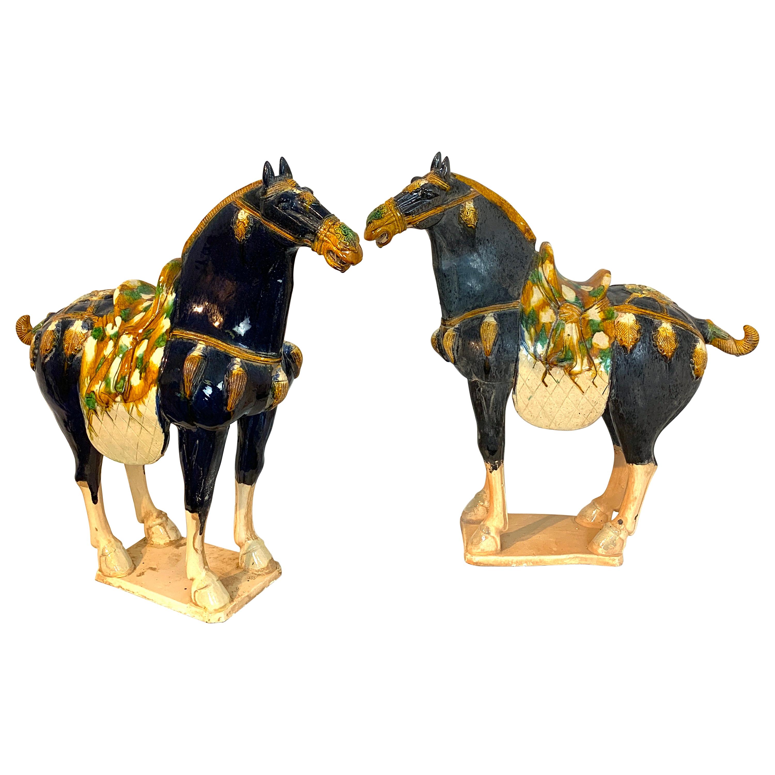 Pair of Chinese Export Large Pottery Blue Sancai Glazed Tang Style Horses