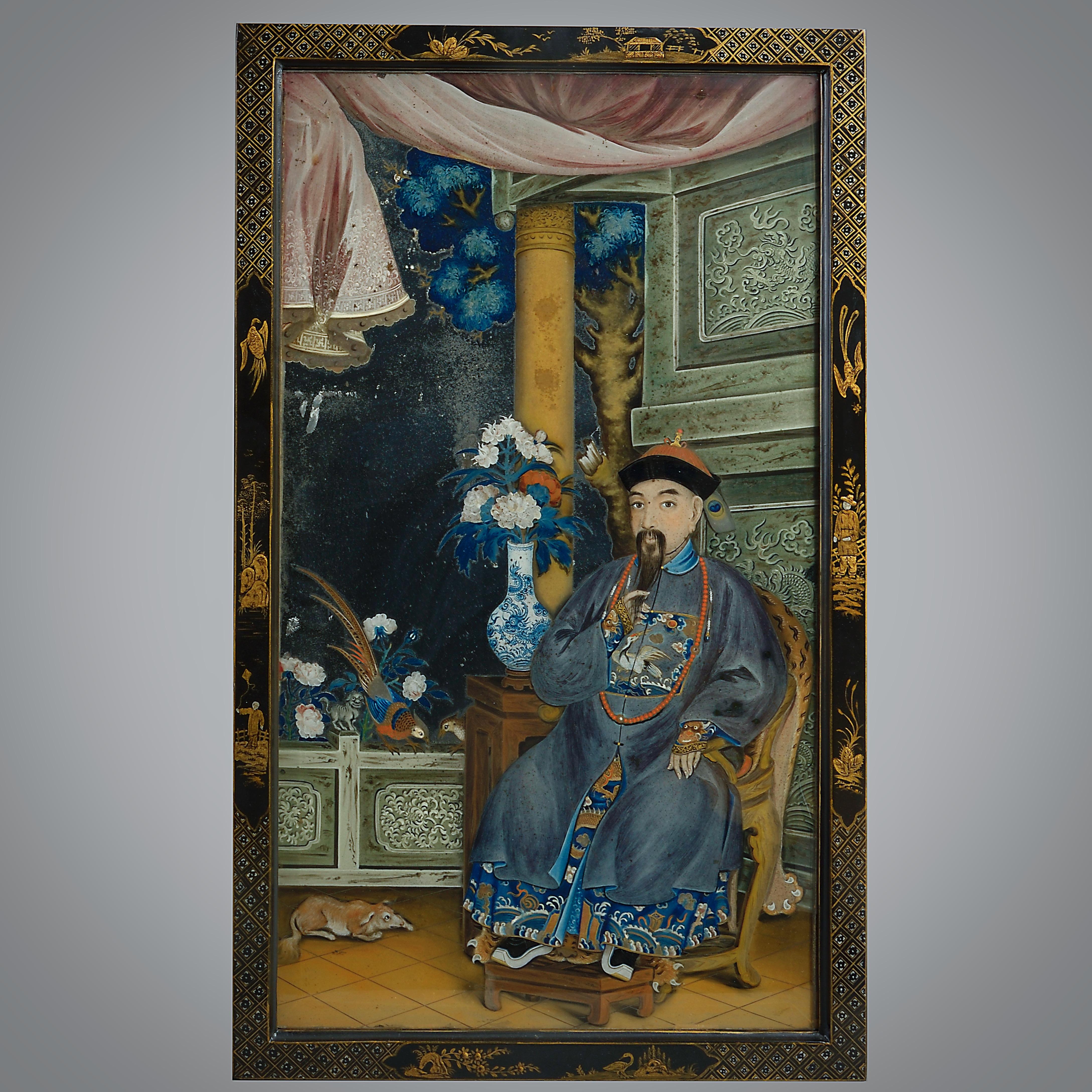 Pair Of Chinese Export Mirror Paintings (Japanlack) im Angebot