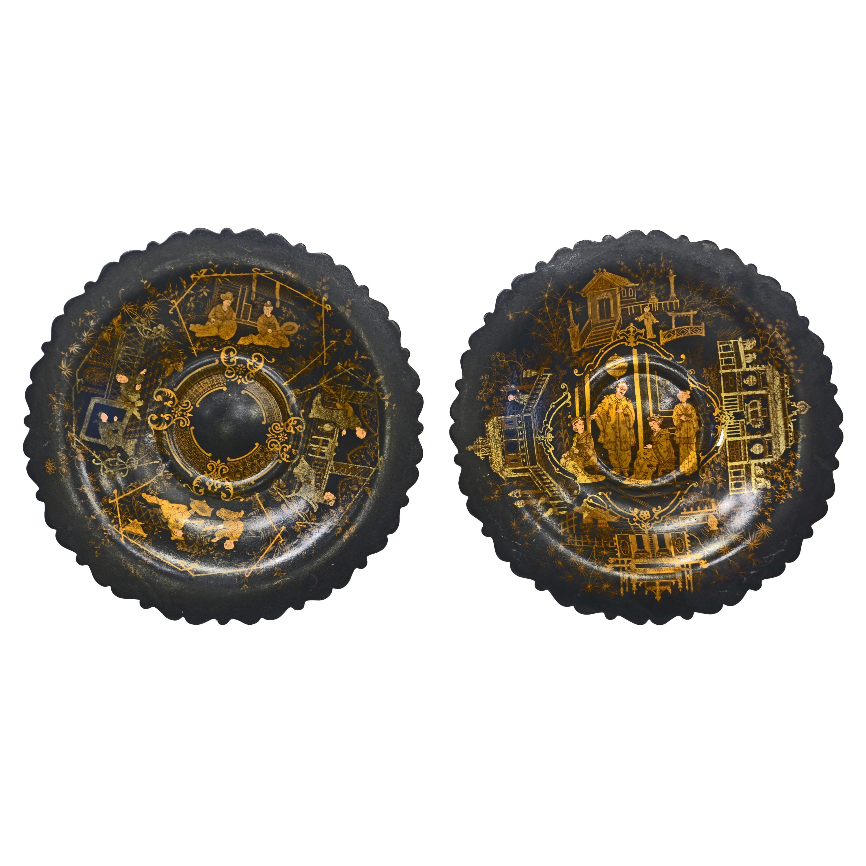 Pair of Chinese Export Paper Mâché Lacquer and Gilt Footed Chargers